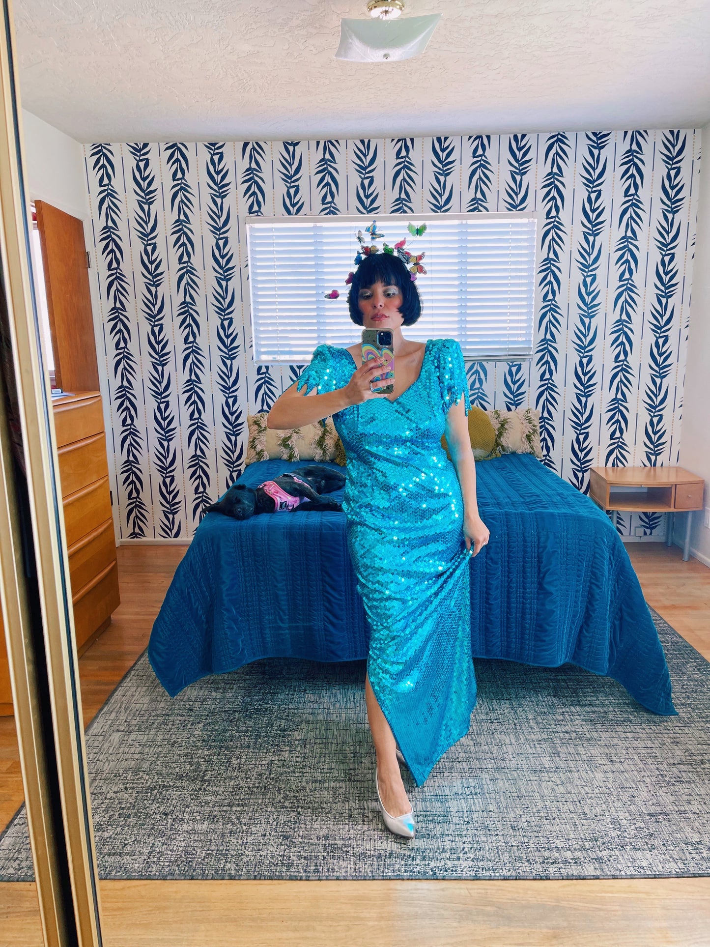 Vintage 80s "Ted Lapidus Paris" Avant Garde Teal Blue Sequins Stretchy Gown Fits Sizes S-M