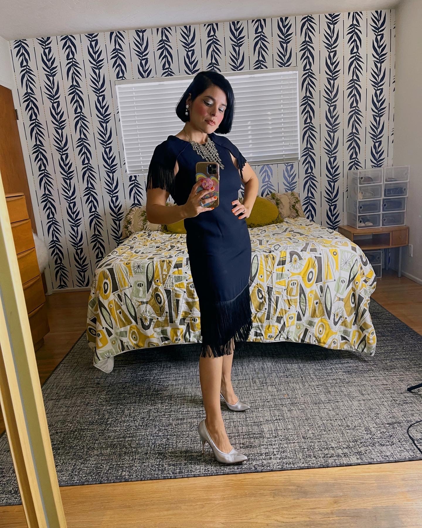 Vintage 60s Black Fringe Shoulders & Hemline Cha Cha Dress Fits Sizes XS-SM