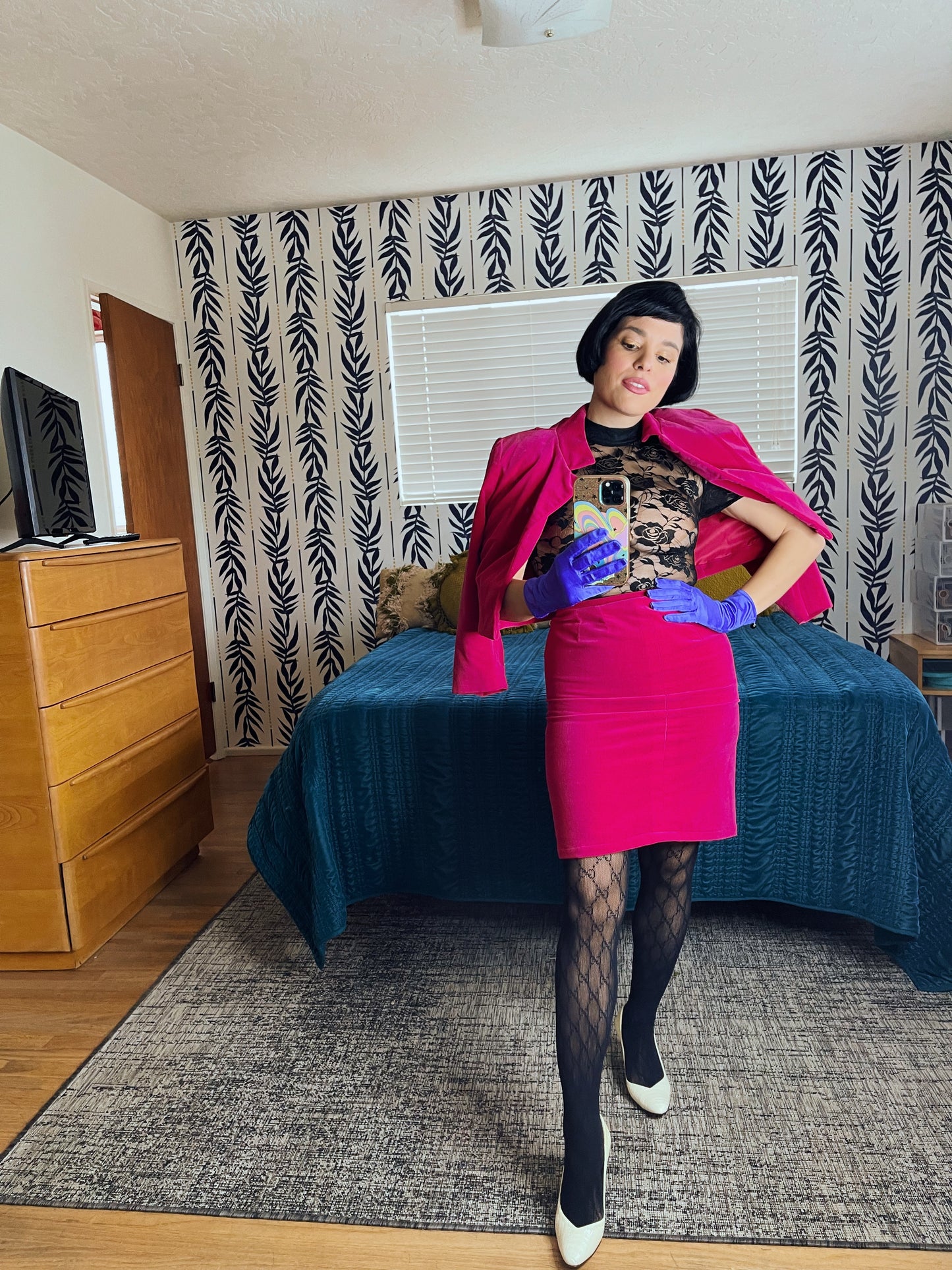 Vintage 60s Hot Pink Velvet Blazer Pencil Skirt Set Fits Sizes XXS-XS