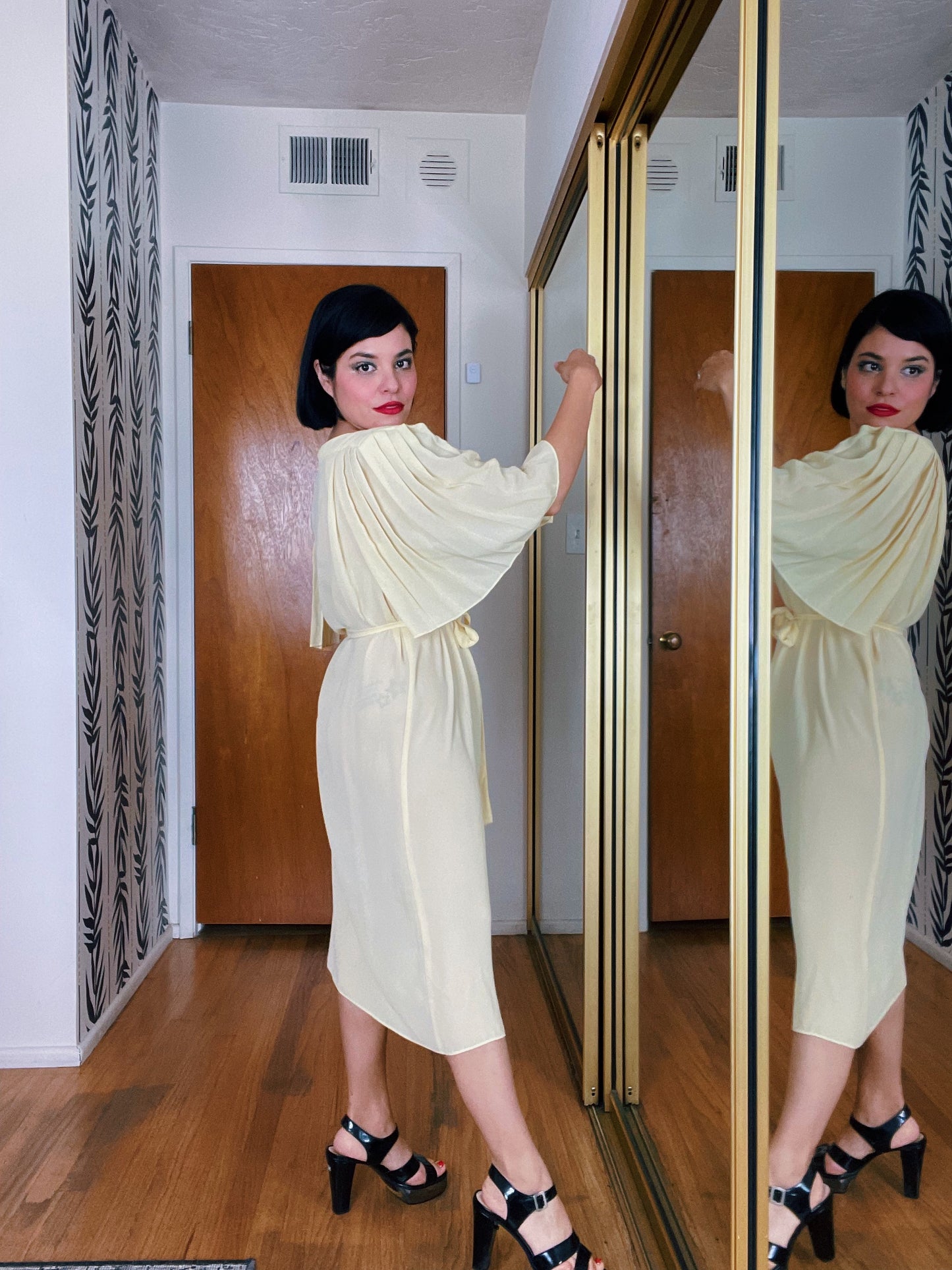 Vintage 80s Buttermilk Yellow Pleated Draped Sleeves Dress Fits Sizes XS-M & Possible Size L
