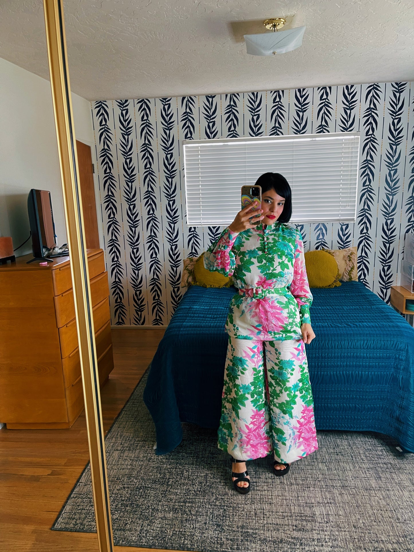 Vintage 60s Neon Tiki Vibes Tunic Blouse Pant Set fits Sizes XS-S