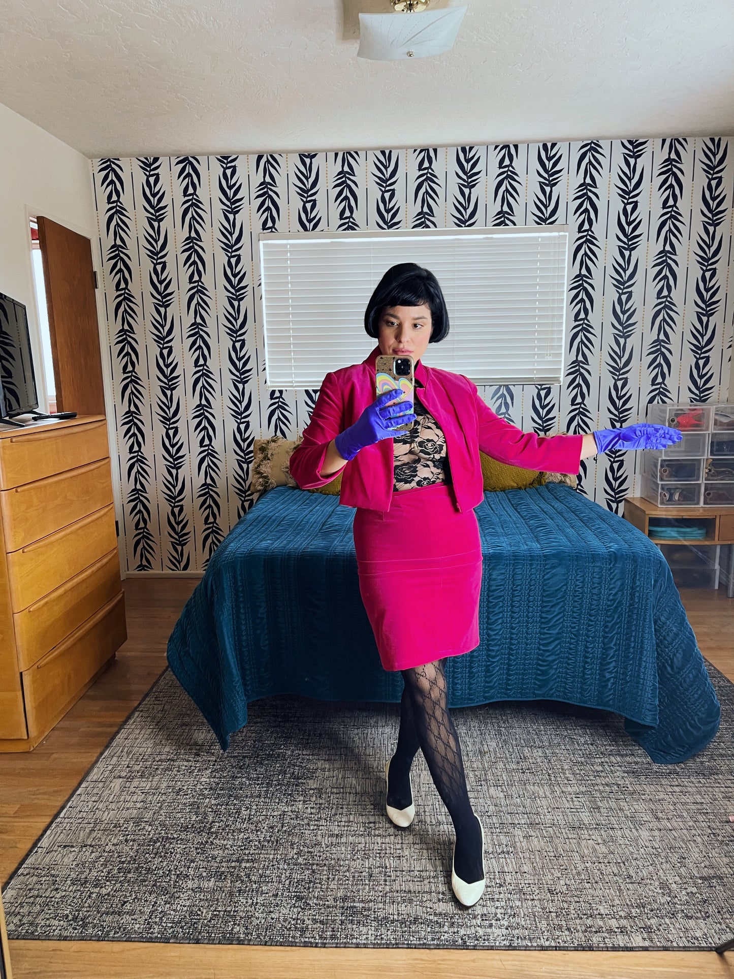 Vintage 60s Hot Pink Velvet Blazer Pencil Skirt Set Fits Sizes XXS-XS