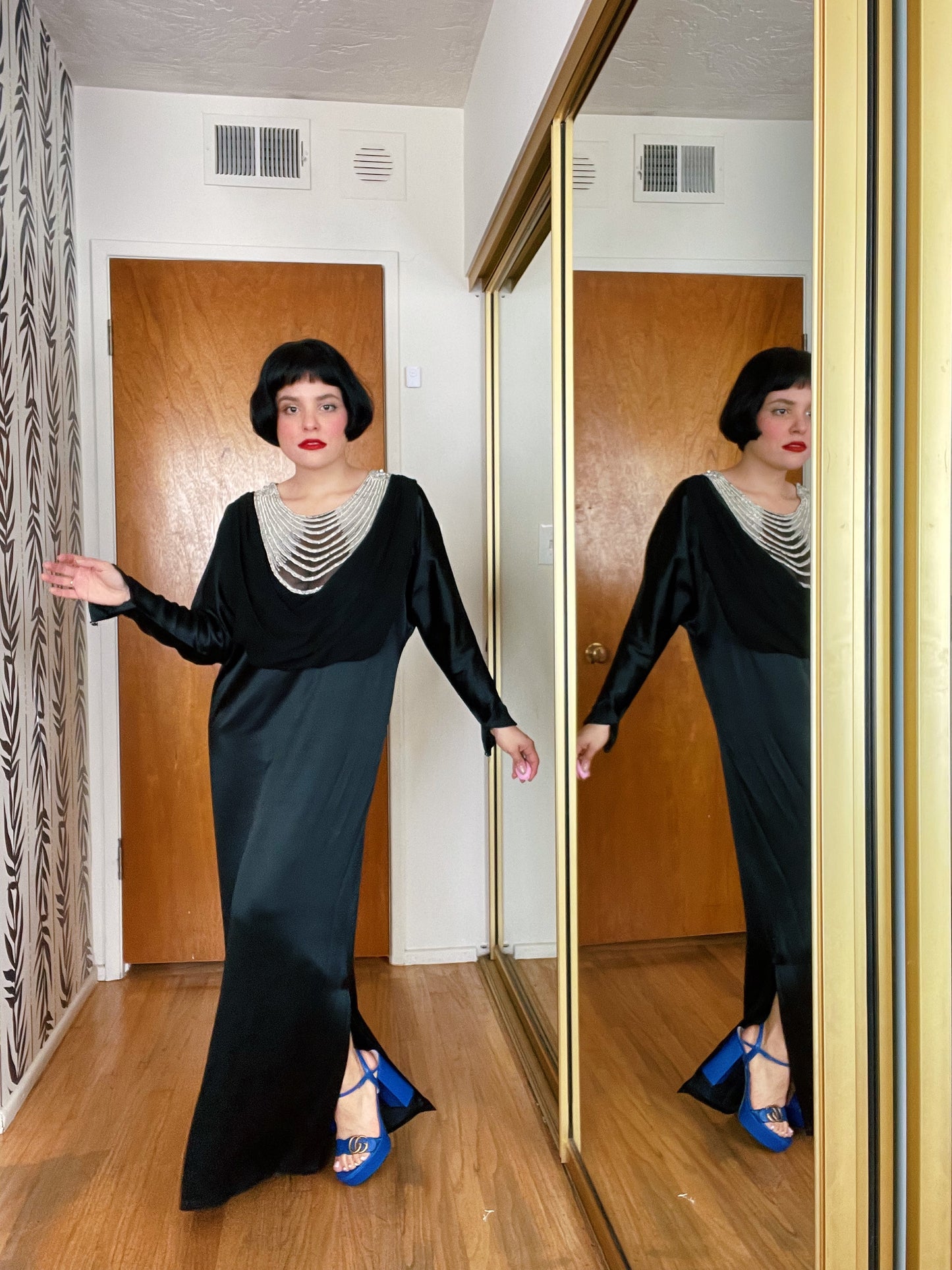 Vintage 70s / 80s Embellished Vamp Goth Batwing Sleeves Maxi Dress Fits Sizes XXS-M