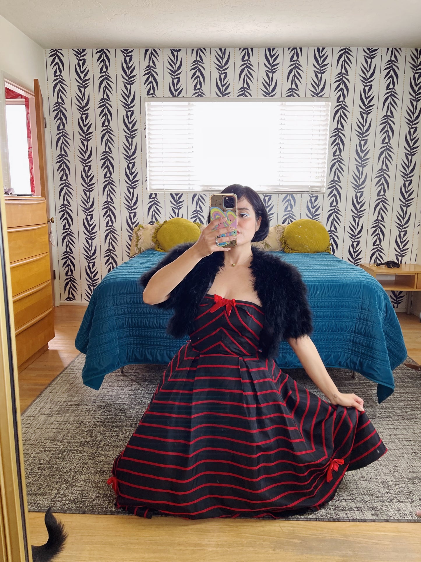 Vintage 50s / 60s Emma Domb Strapless Bow Dress Red Trim Velvet Bow Strapless Cocktail Dress Fits sizes XS-SM