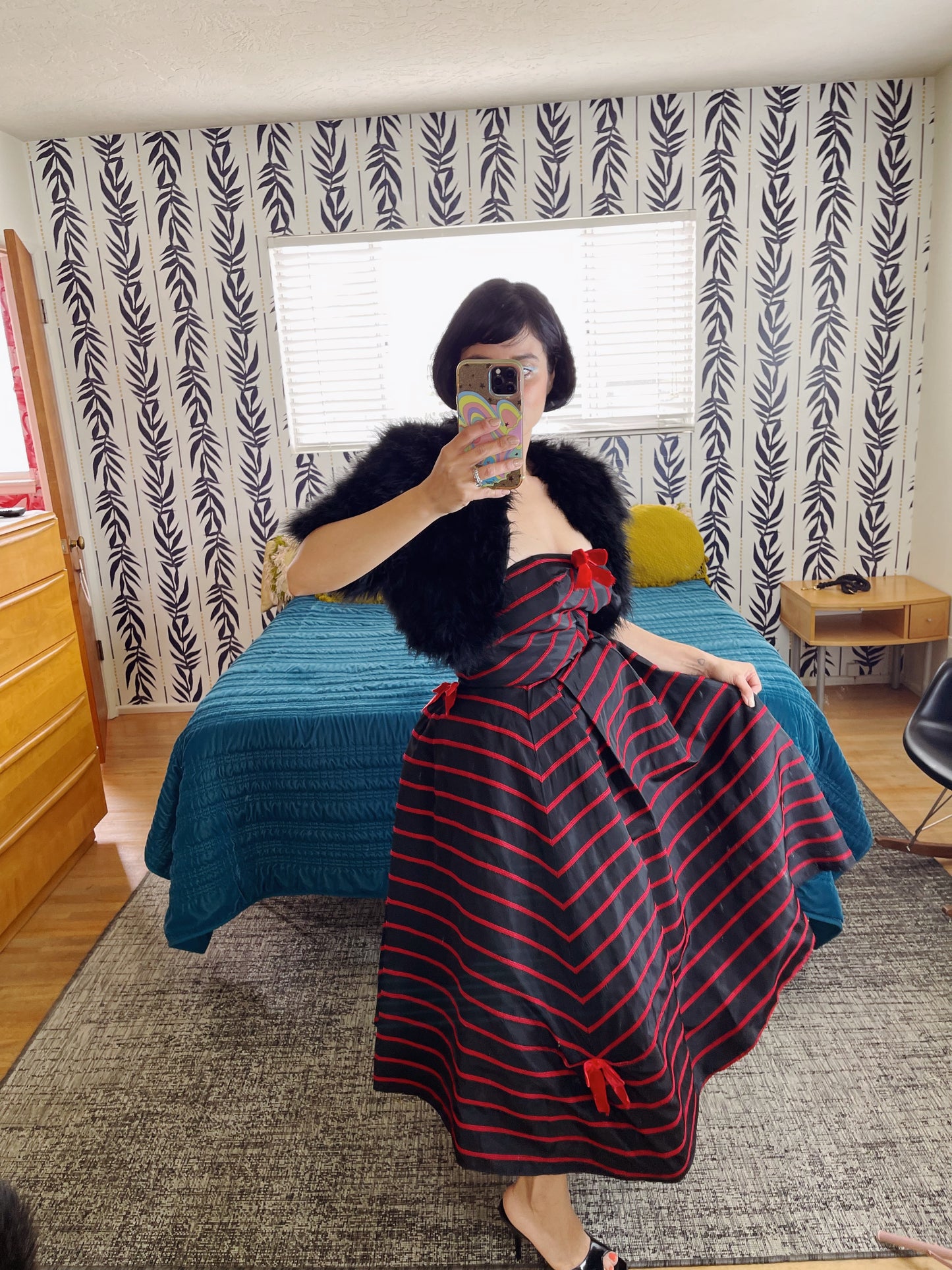 Vintage 50s / 60s Emma Domb Strapless Bow Dress Red Trim Velvet Bow Strapless Cocktail Dress Fits sizes XS-SM