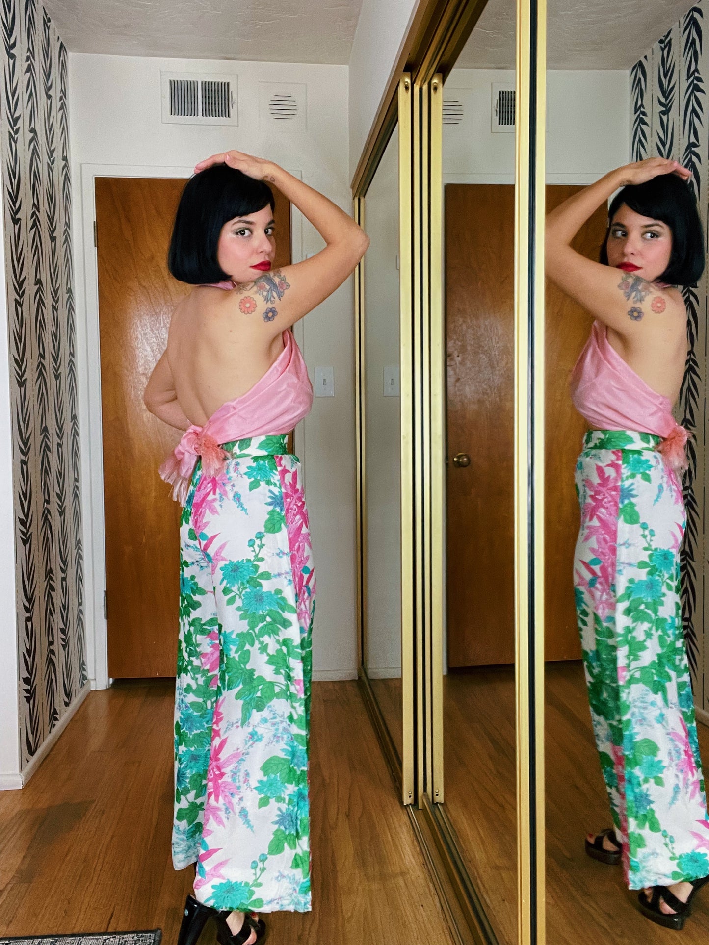 Vintage 60s Neon Tiki Vibes Tunic Blouse Pant Set fits Sizes XS-S