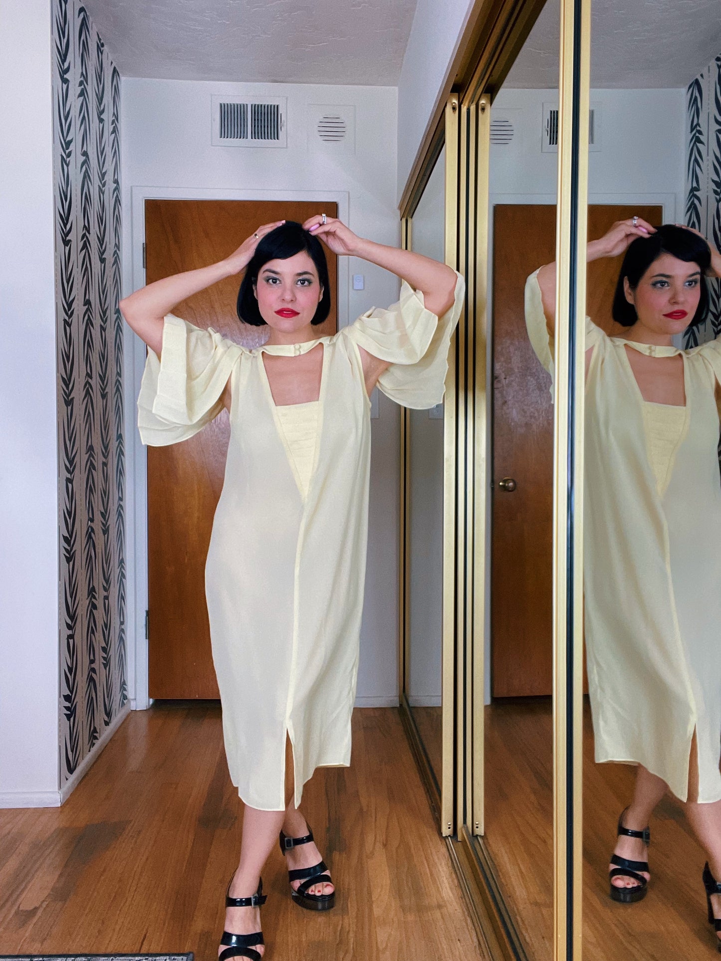 Vintage 80s Buttermilk Yellow Pleated Draped Sleeves Dress Fits Sizes XS-M & Possible Size L