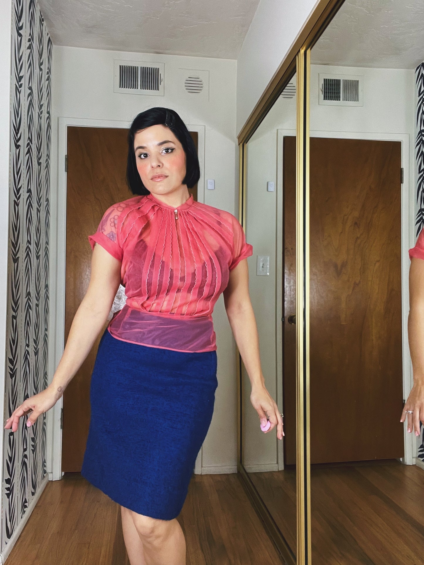 Vintage 50s Nylon Sheer Blouse with Pearl Collar Fits Sizes XXS-SM