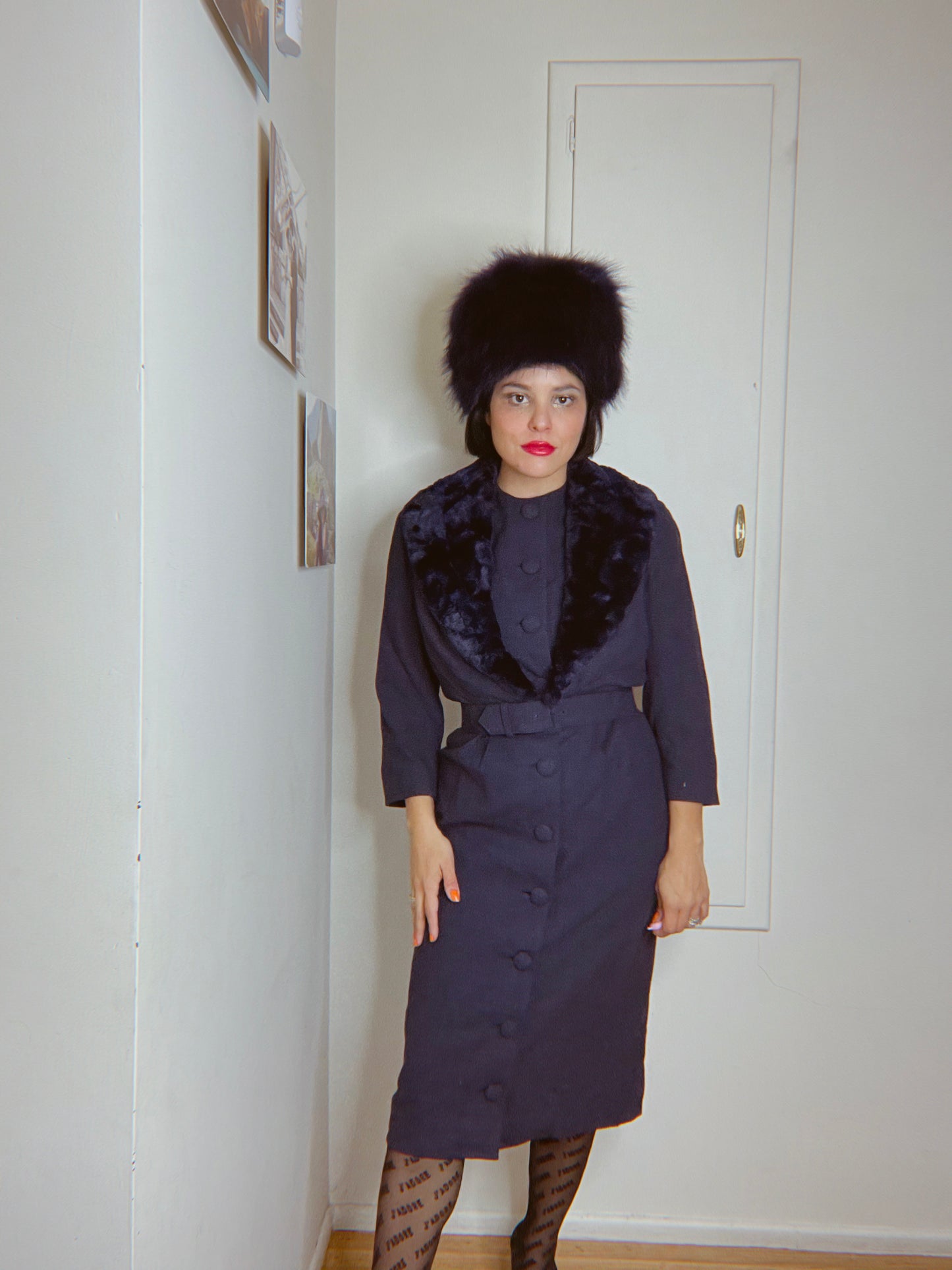 Vintage 50s / 60s Blue Faux Collar Coat Dress Fits sizes XS-SM