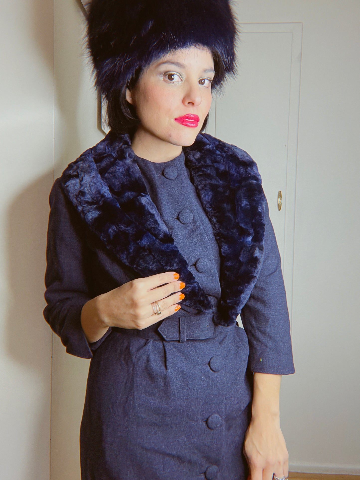 Vintage 50s / 60s Blue Faux Collar Coat Dress Fits sizes XS-SM