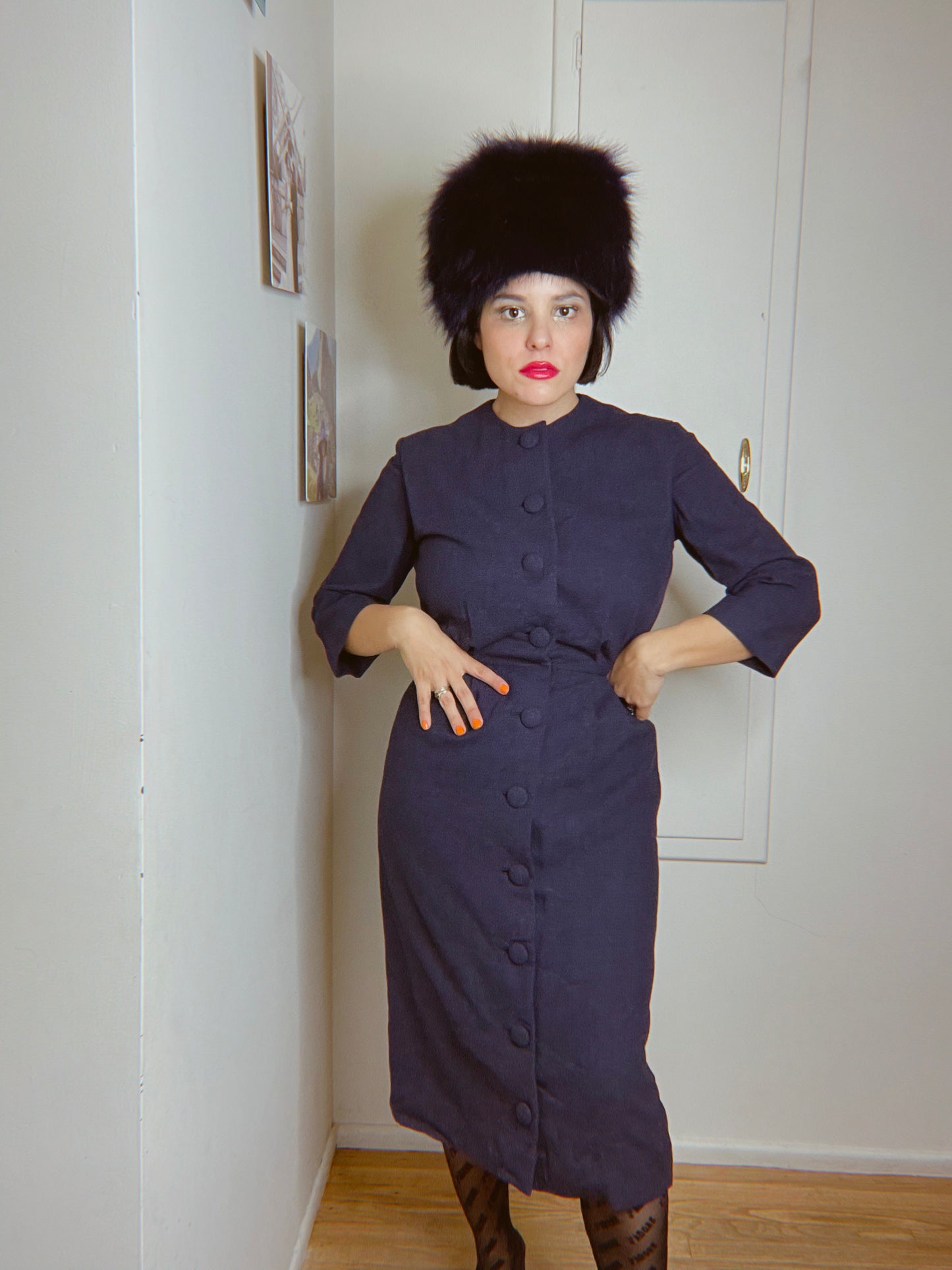 Vintage 50s / 60s Blue Faux Collar Coat Dress Fits sizes XS-SM