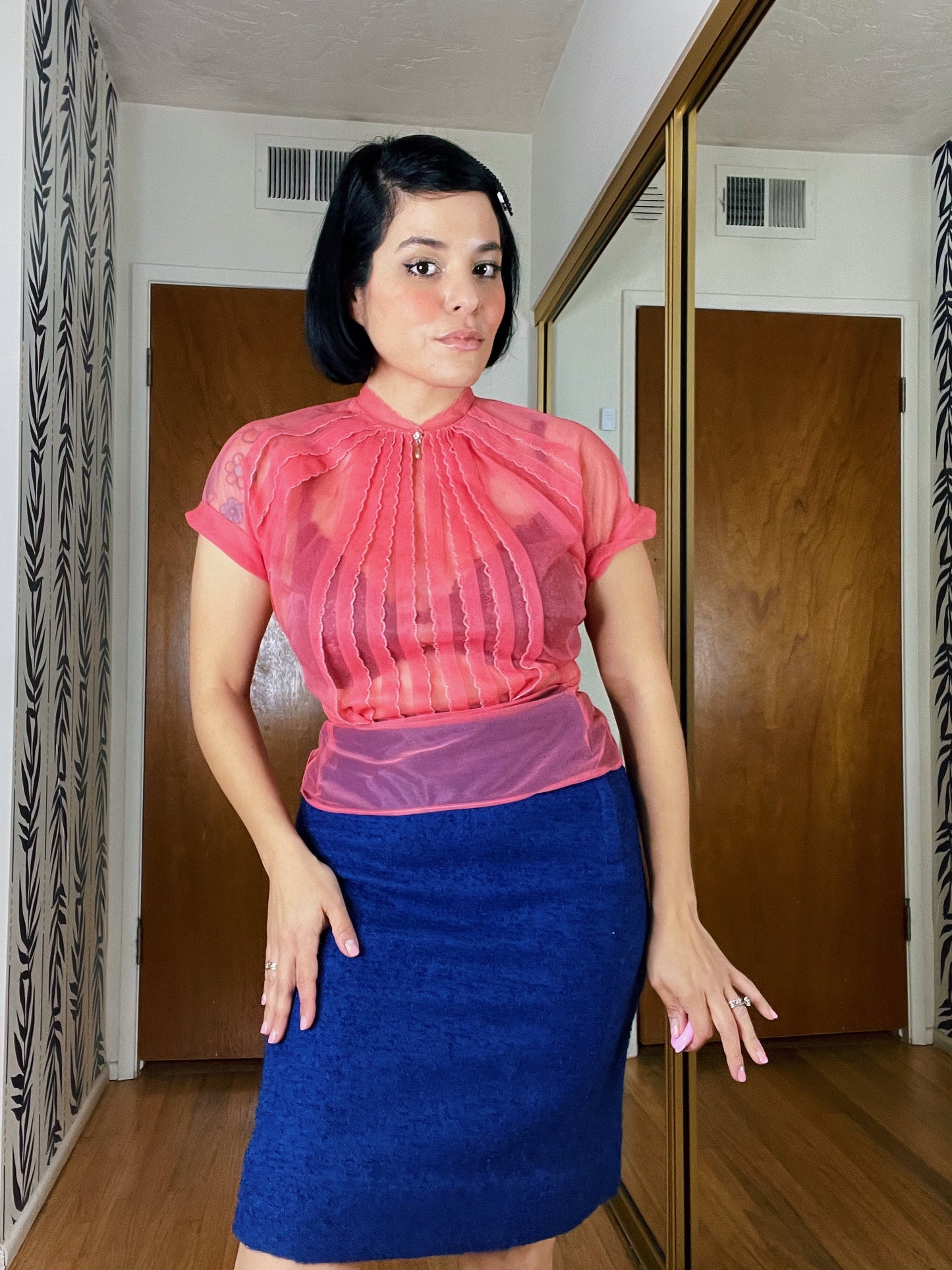 Vintage 50s Nylon Sheer Blouse with Pearl Collar Fits Sizes XXS-SM