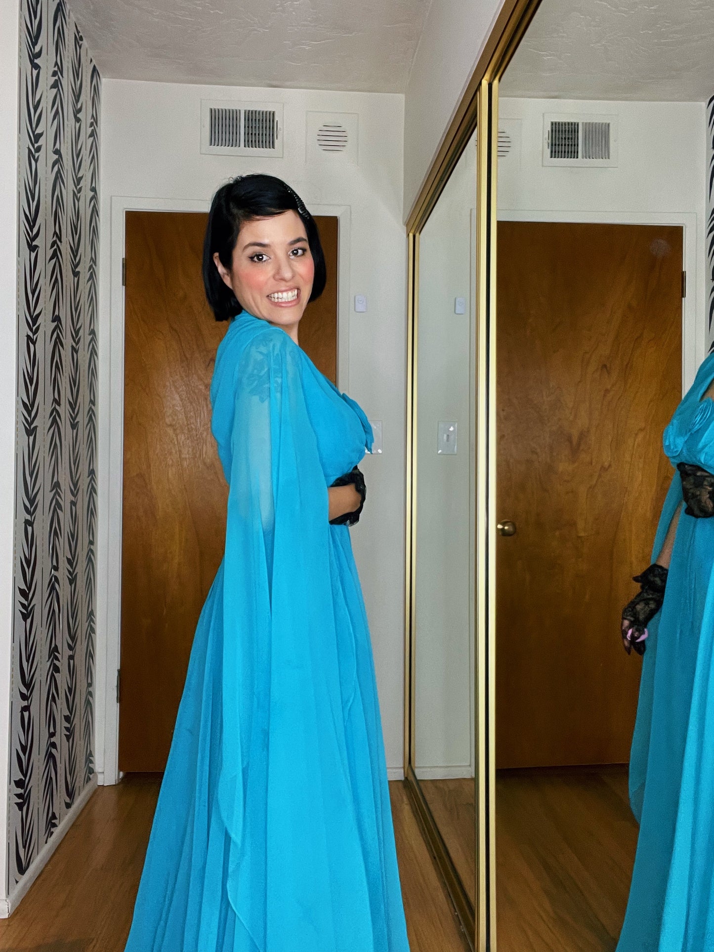 Vintage 60s / 70s Miss Elliette California Bondi Blue Chiffon Cape Sleeves Maxi Dress Fits Sizes XS-SM & Possible Size M