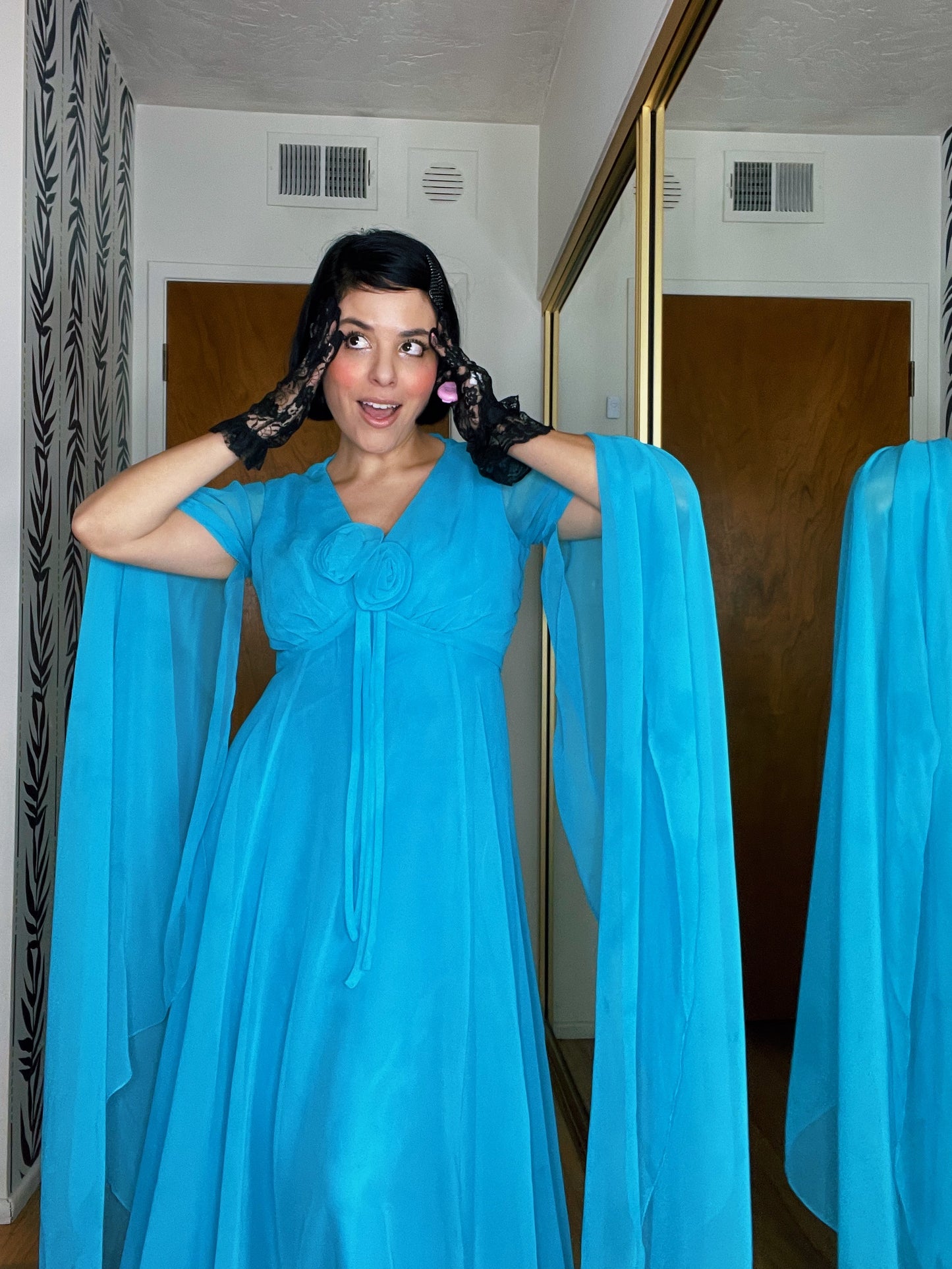 Vintage 60s / 70s Miss Elliette California Bondi Blue Chiffon Cape Sleeves Maxi Dress Fits Sizes XS-SM & Possible Size M