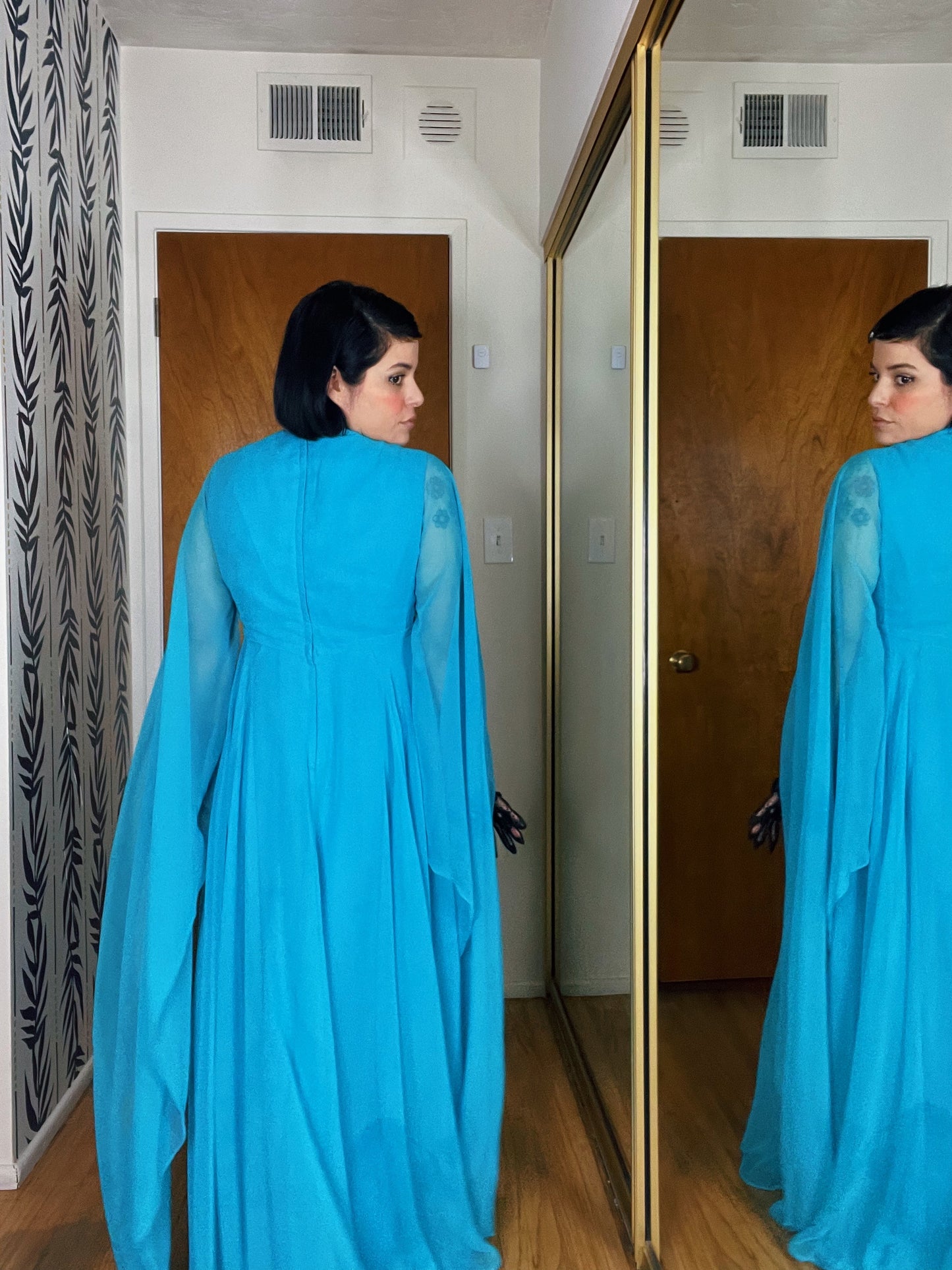 Vintage 60s / 70s Miss Elliette California Bondi Blue Chiffon Cape Sleeves Maxi Dress Fits Sizes XS-SM & Possible Size M
