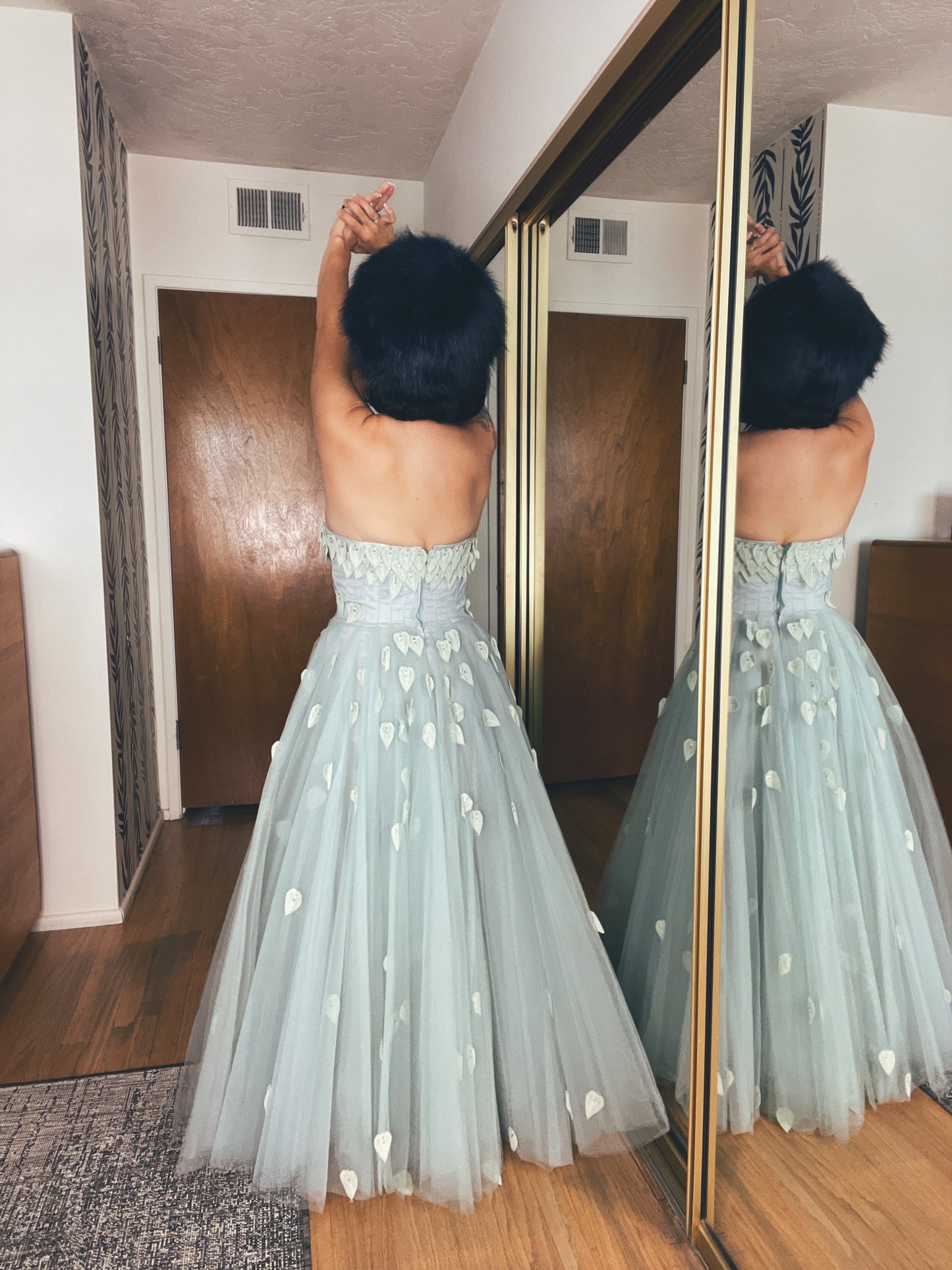 Vintage 50s / 60s Emma Domb California Leaf Rhinestone Tulle Gown Fits Sizes XS-SM