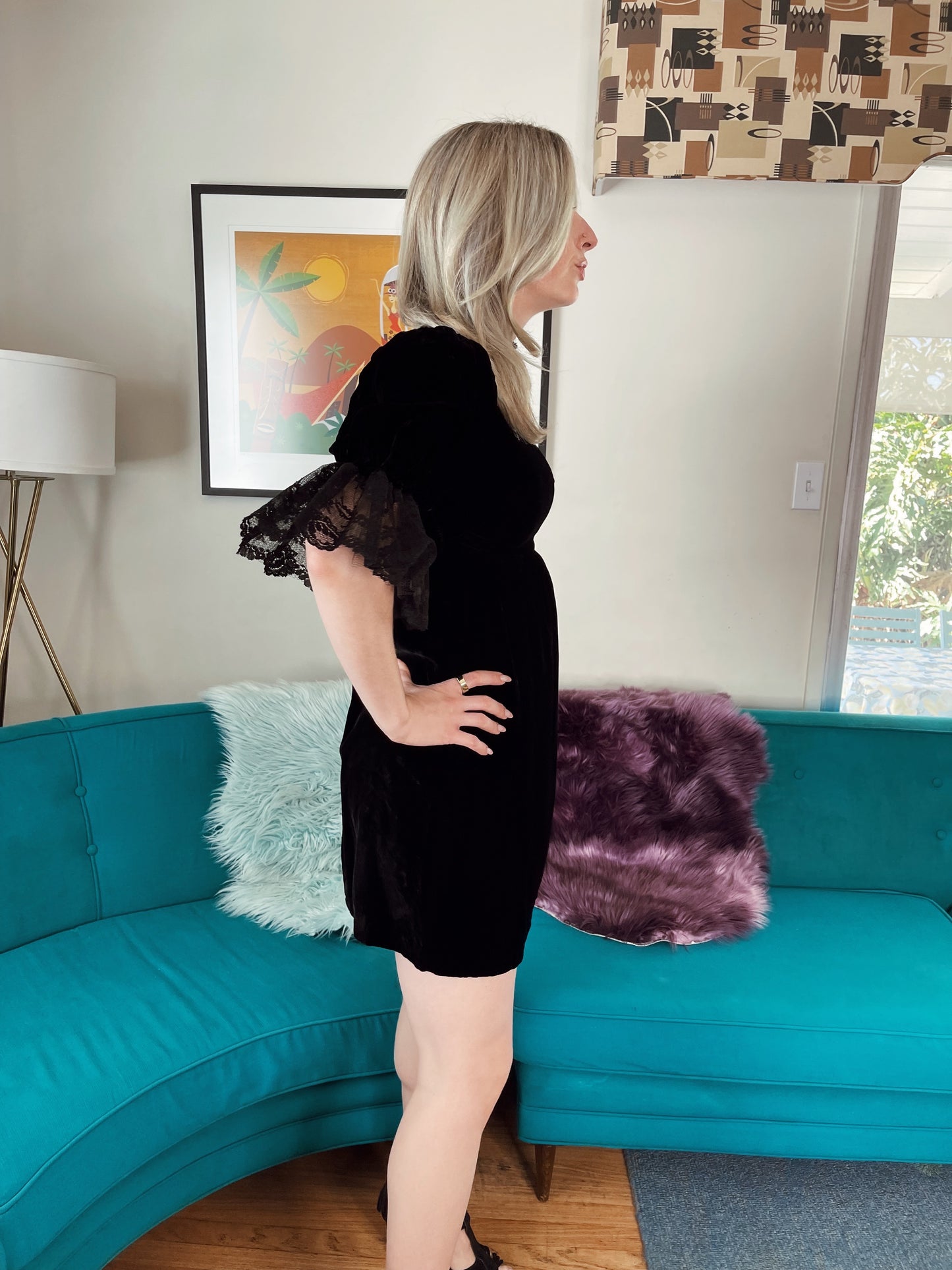 Vintage 60s Velvet Lace Ruffle Sleeve Mini Dress Fits Size XS