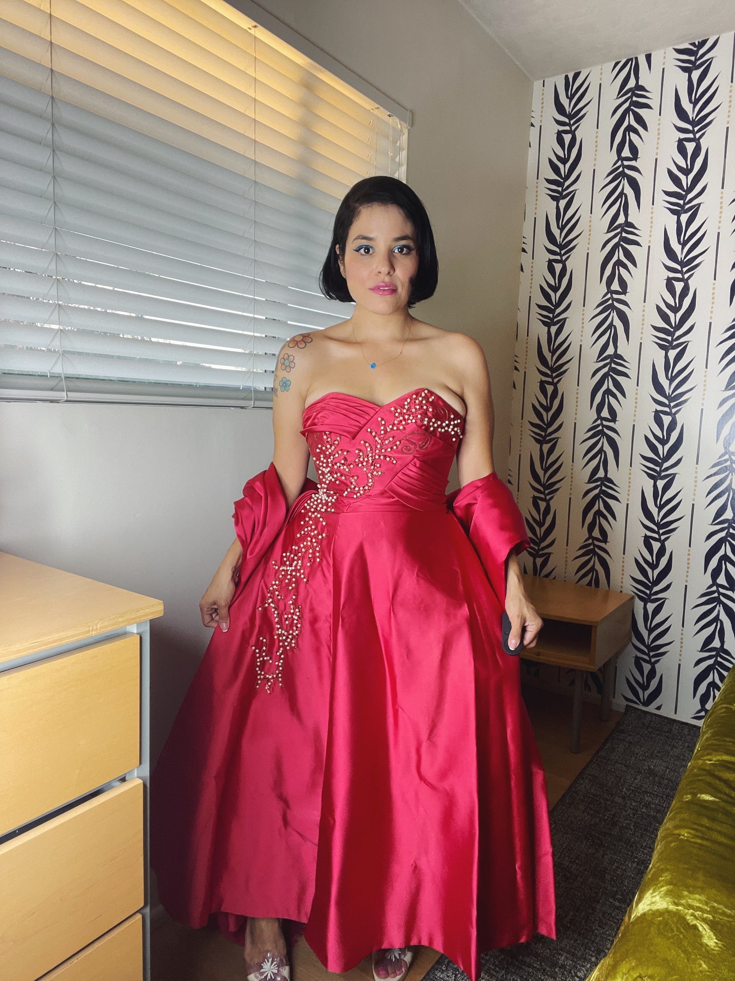 Vintage 50s / 60s Emma Domb Raspberry Pink Iridescent Pearls Sequins Gown Fits Sizes XS-SM