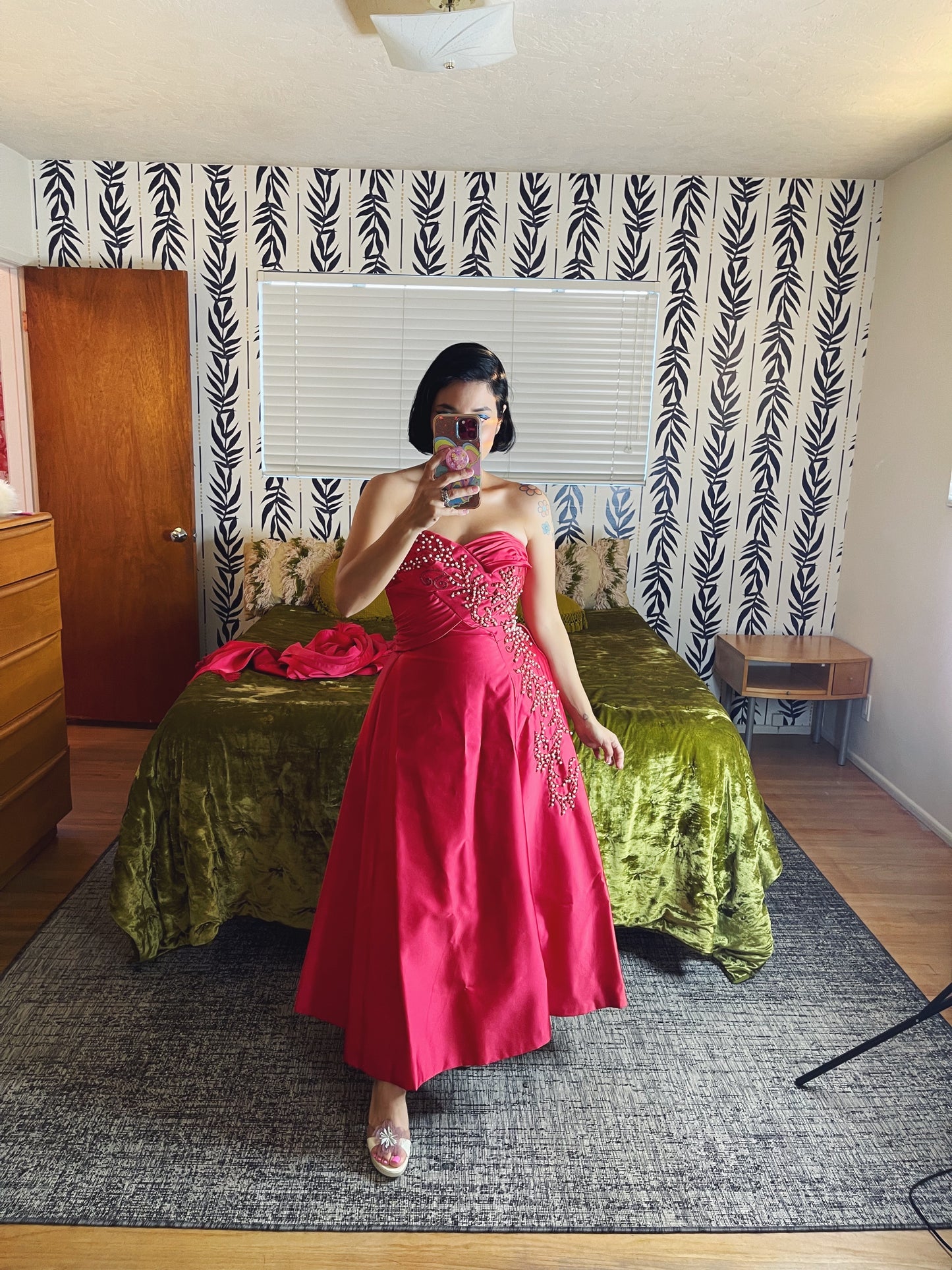 Vintage 50s / 60s Emma Domb Raspberry Pink Iridescent Pearls Sequins Gown Fits Sizes XS-SM