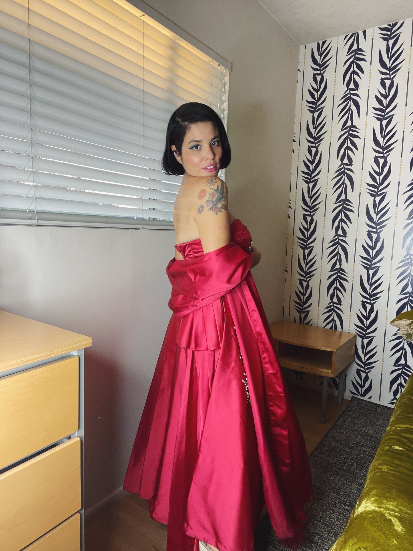 Vintage 50s / 60s Emma Domb Raspberry Pink Iridescent Pearls Sequins Gown Fits Sizes XS-SM