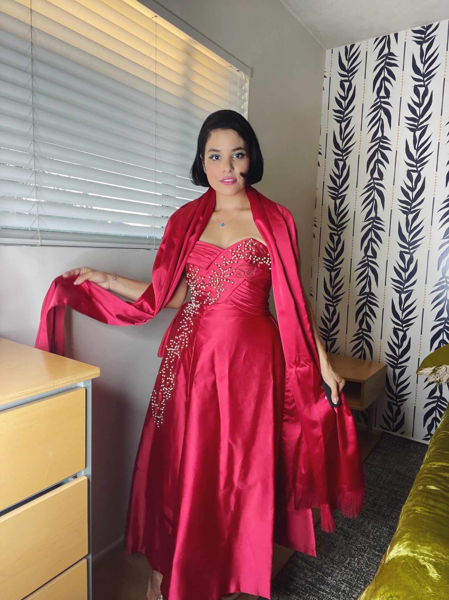 Vintage 50s / 60s Emma Domb Raspberry Pink Iridescent Pearls Sequins Gown Fits Sizes XS-SM