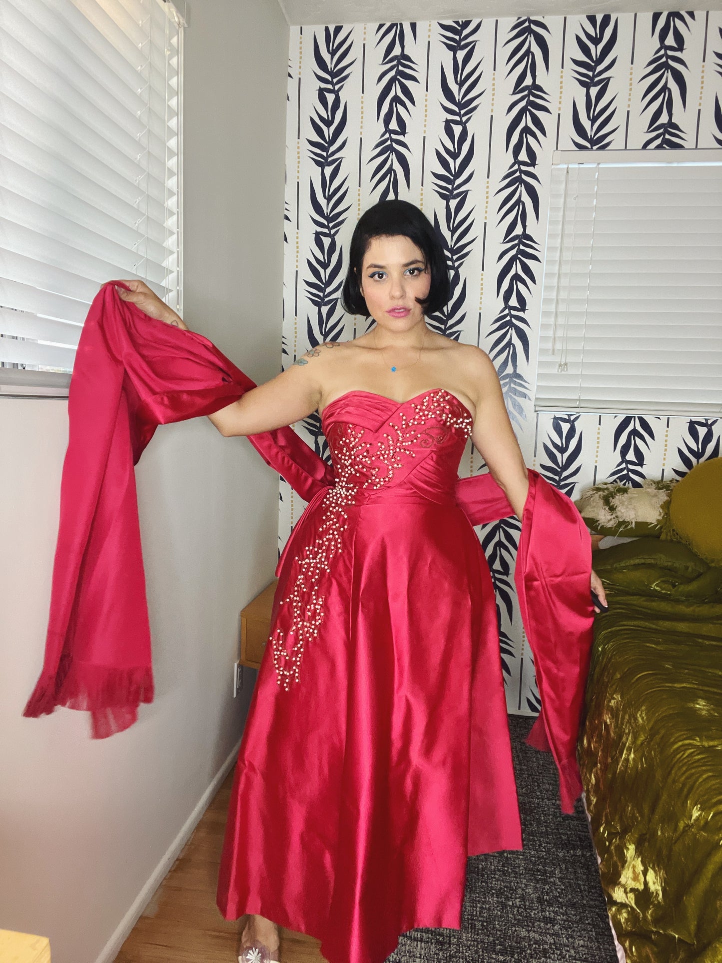 Vintage 50s / 60s Emma Domb Raspberry Pink Iridescent Pearls Sequins Gown Fits Sizes XS-SM