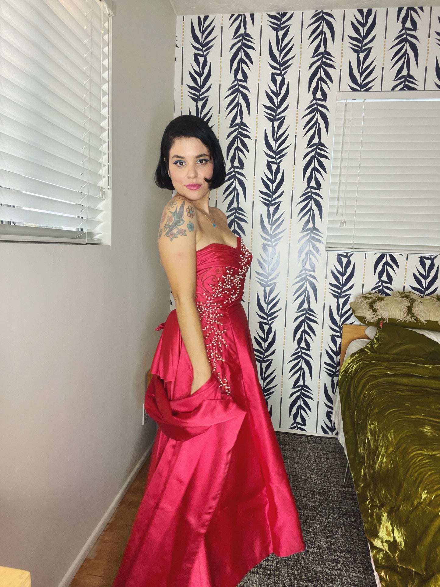 Vintage 50s / 60s Emma Domb Raspberry Pink Iridescent Pearls Sequins Gown Fits Sizes XS-SM