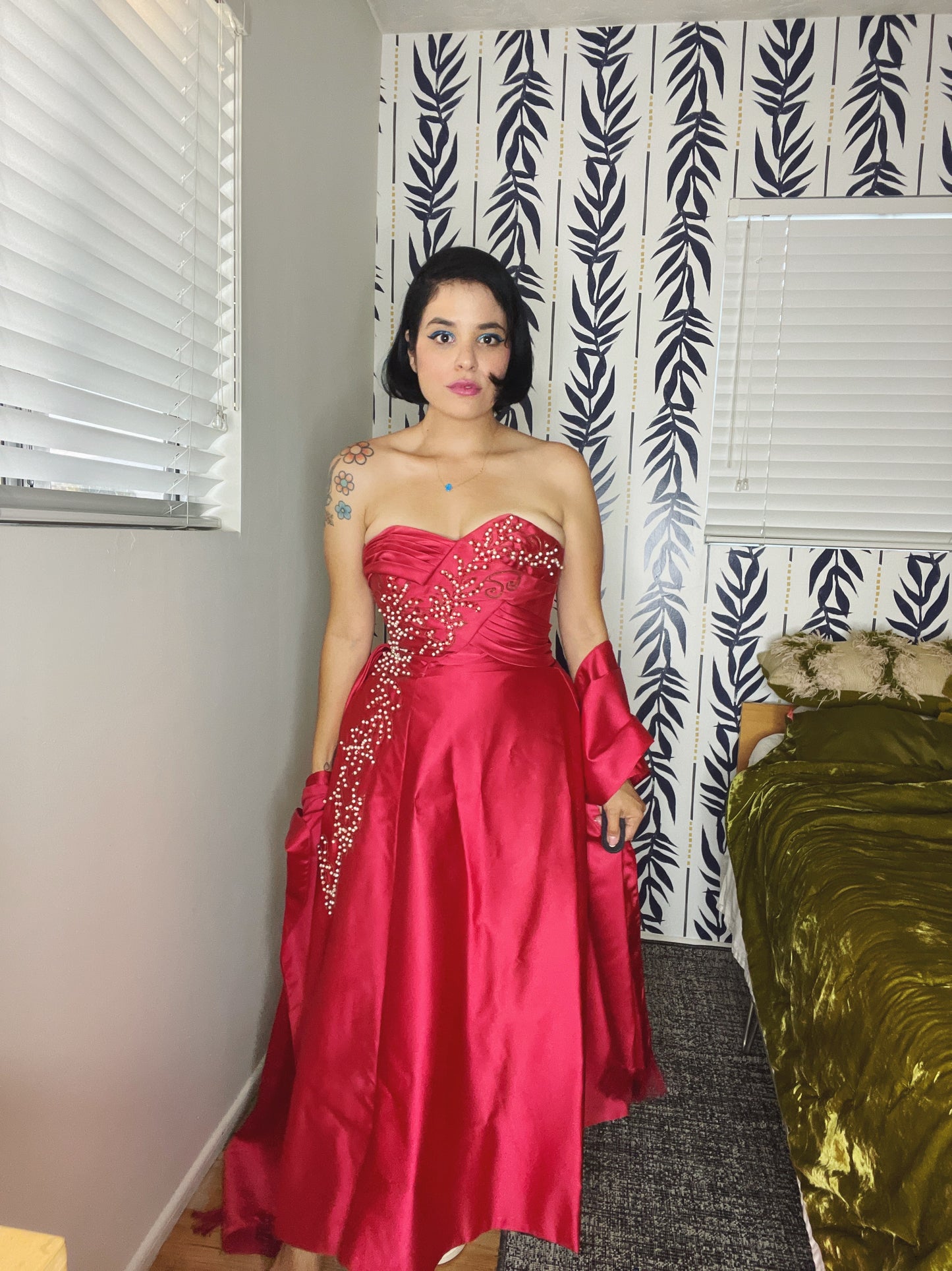 Vintage 50s / 60s Emma Domb Raspberry Pink Iridescent Pearls Sequins Gown Fits Sizes XS-SM