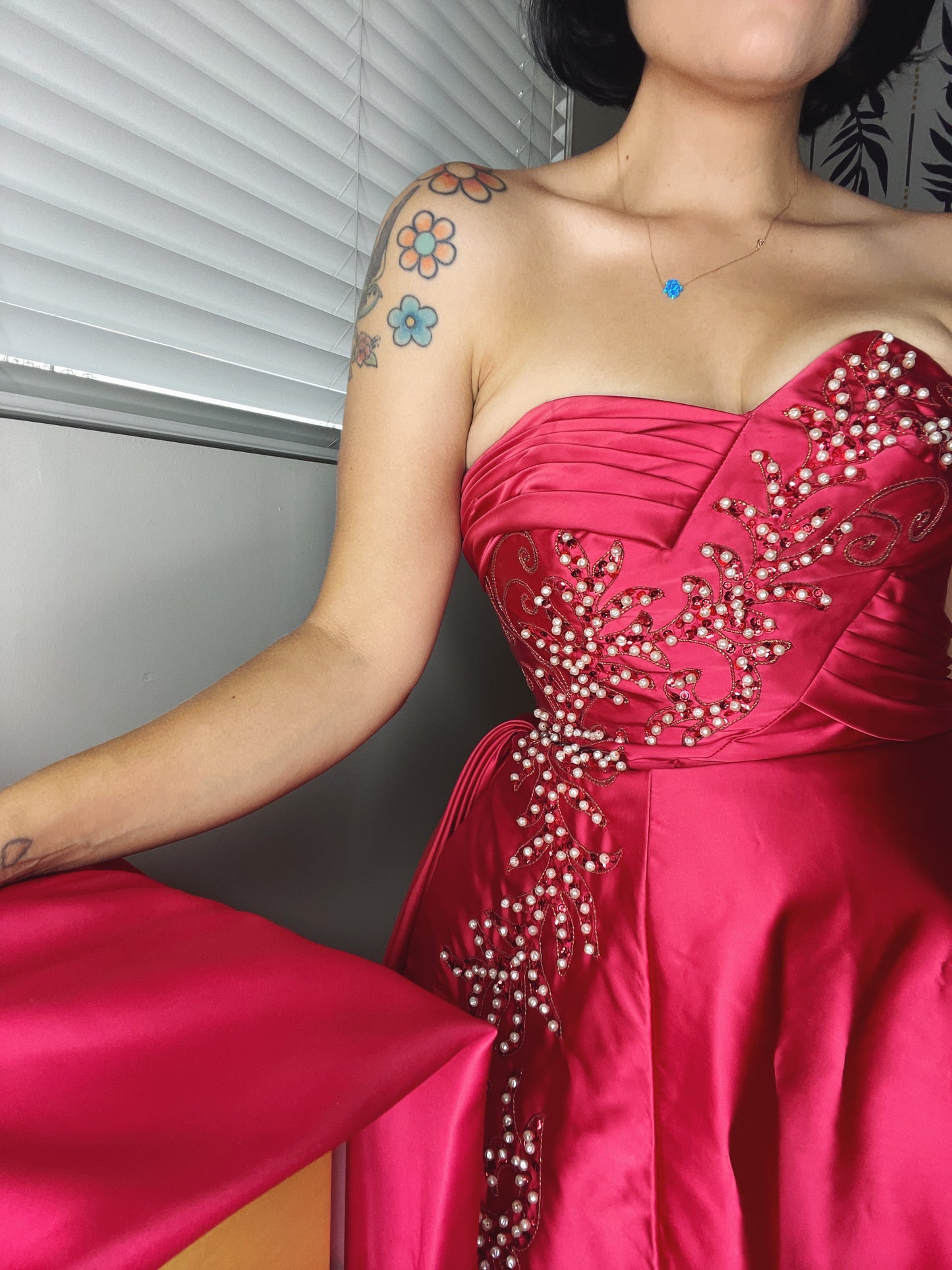 Vintage 50s / 60s Emma Domb Raspberry Pink Iridescent Pearls Sequins Gown Fits Sizes XS-SM