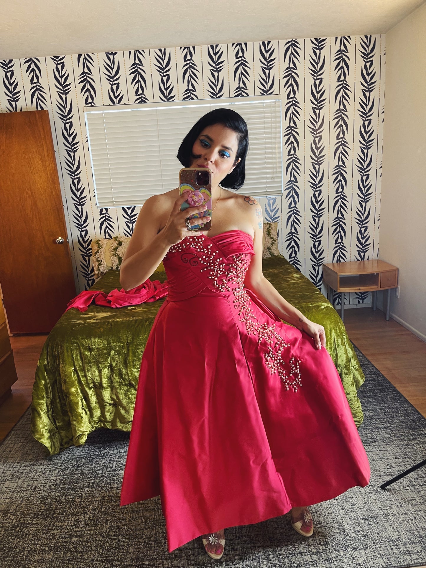 Vintage 50s / 60s Emma Domb Raspberry Pink Iridescent Pearls Sequins Gown Fits Sizes XS-SM