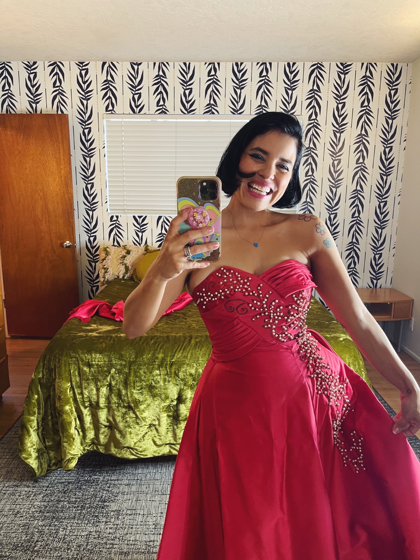 Vintage 50s / 60s Emma Domb Raspberry Pink Iridescent Pearls Sequins Gown Fits Sizes XS-SM