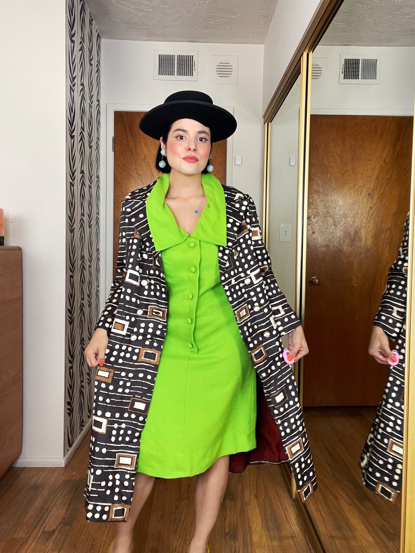Vintage 60s Mod Silk Geometric Silk Double Breasted Coat Fits Sizes S-M