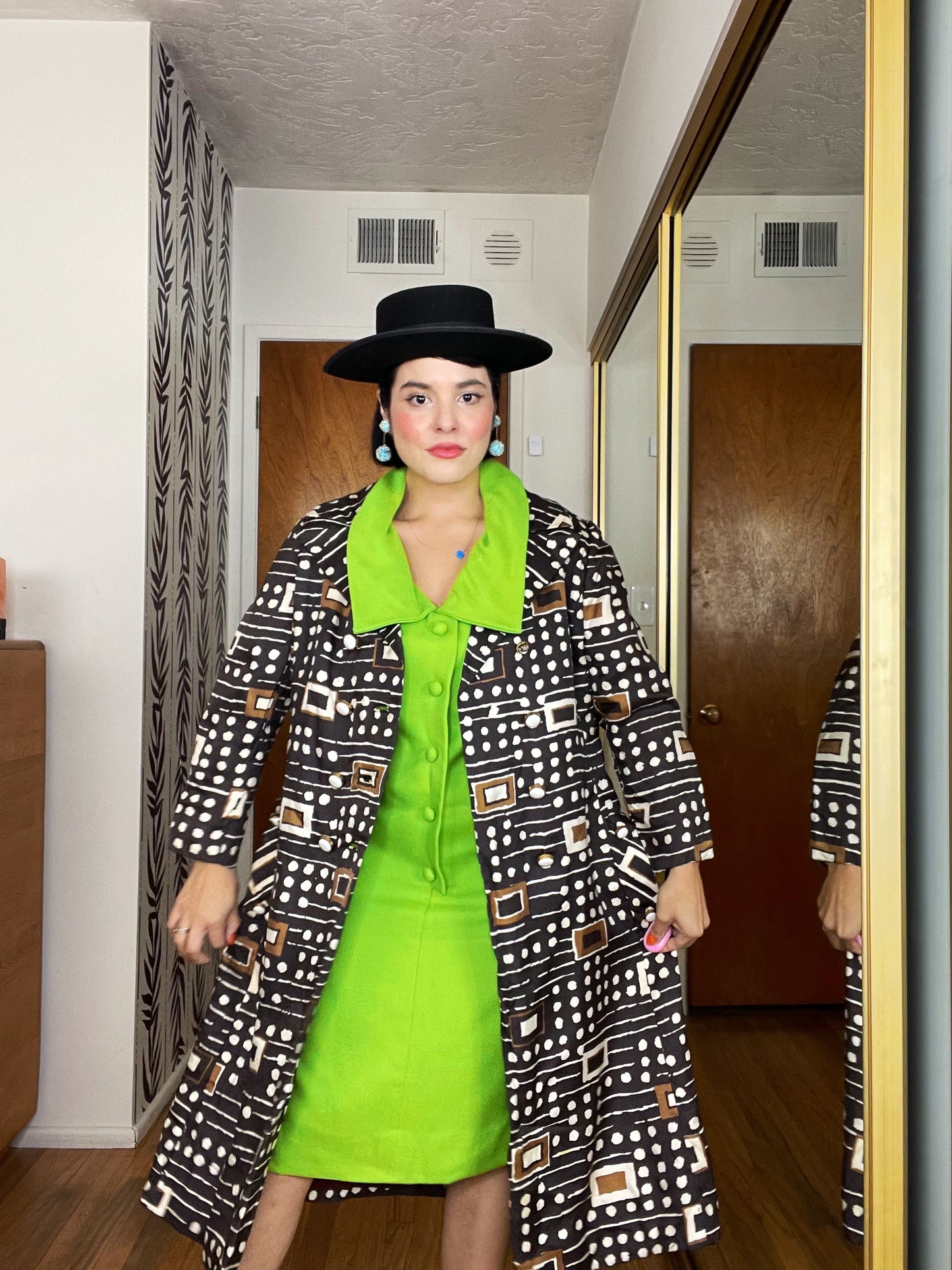 Vintage 60s Mod Silk Geometric Silk Double Breasted Coat Fits Sizes S-M