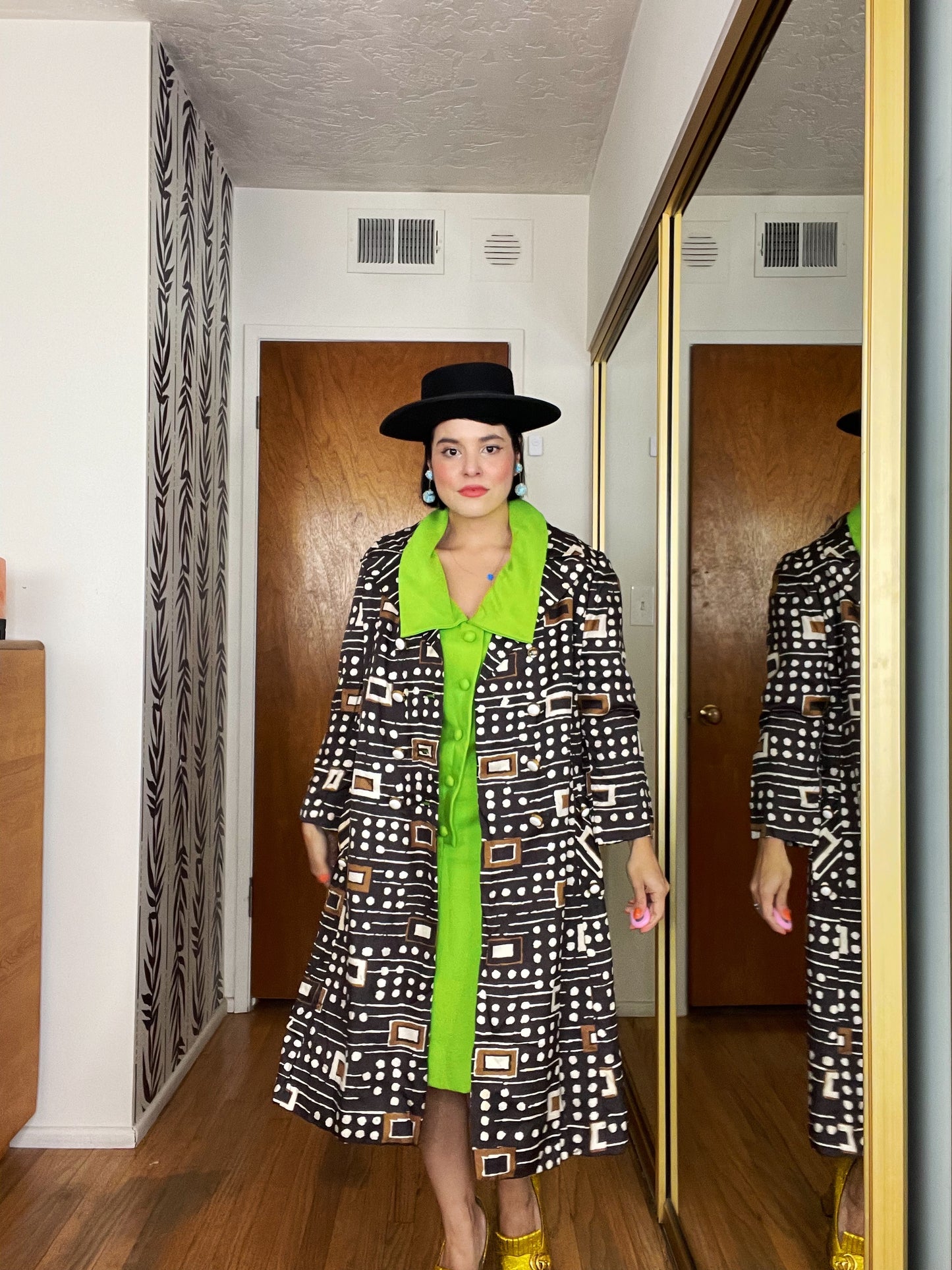 Vintage 60s Mod Silk Geometric Silk Double Breasted Coat Fits Sizes S-M