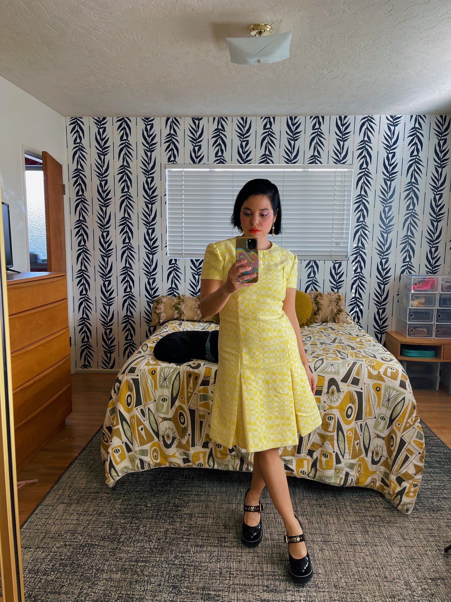 Vintage 60s / 70s Yellow and White Checkered Dress Fits Sizes XXS-SM
