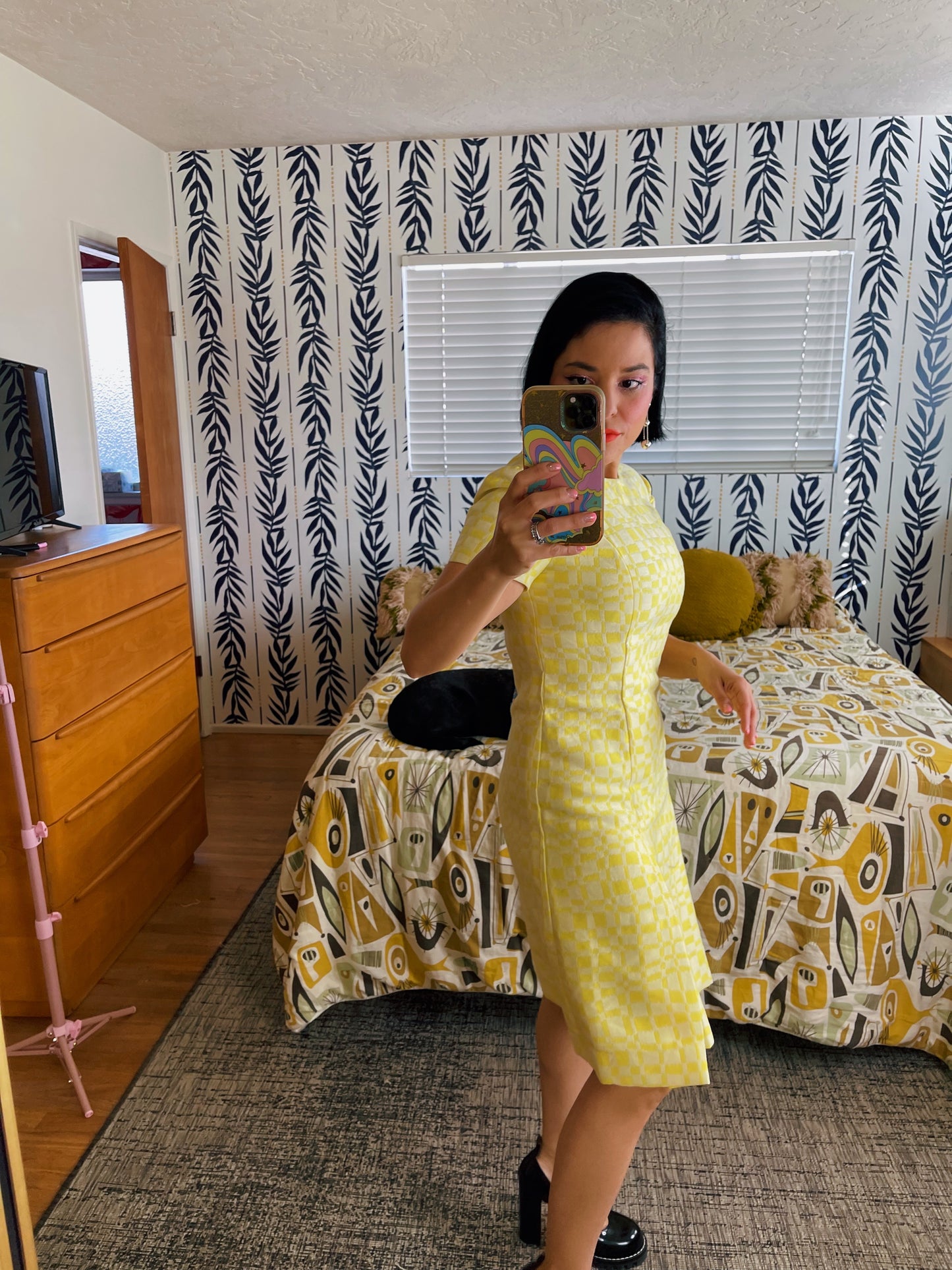 Vintage 60s / 70s Yellow and White Checkered Dress Fits Sizes XXS-SM