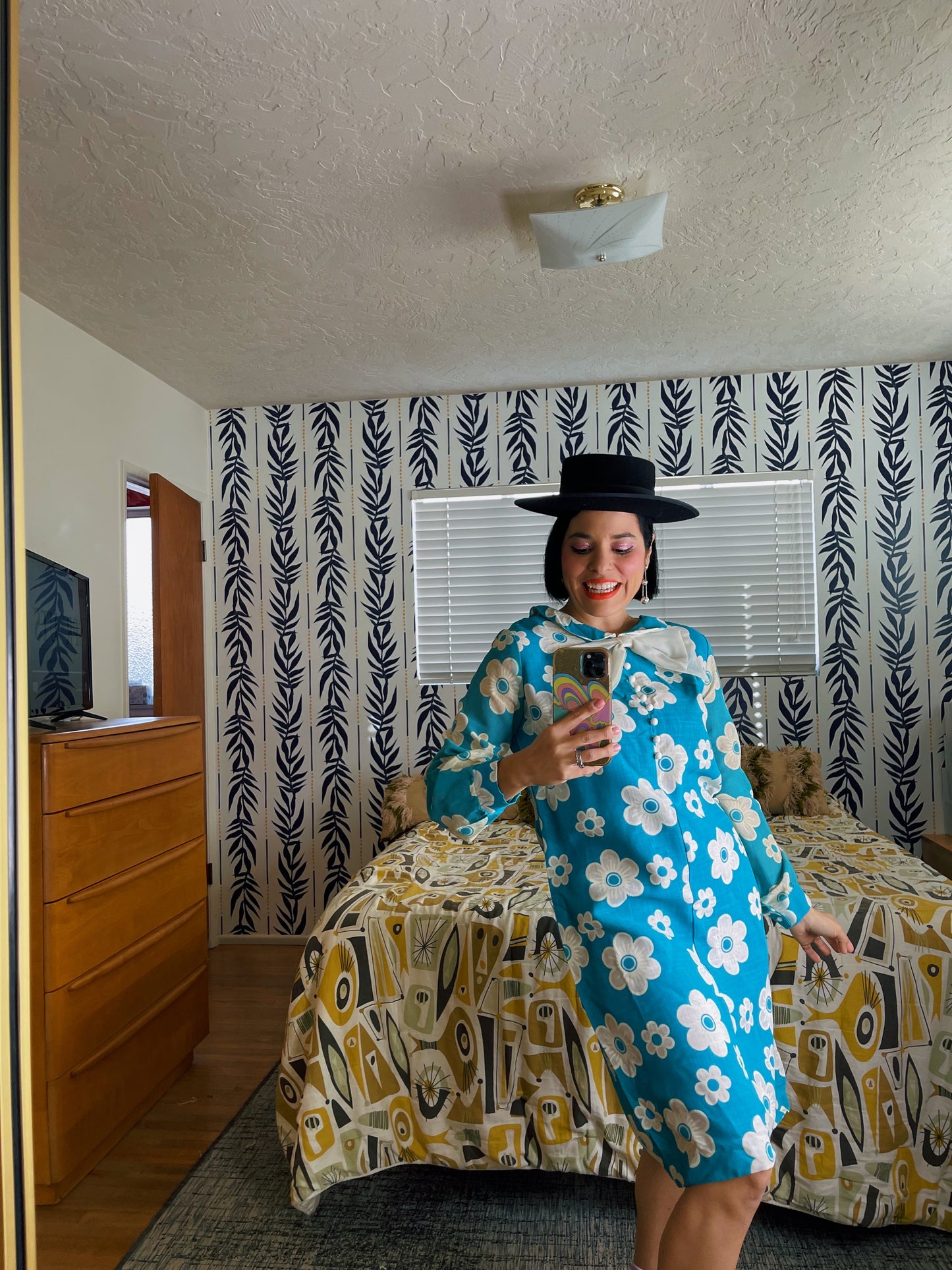 Vintage 60s Deadstock Flower Power Teal Collar Dress Fits Sizes S-M