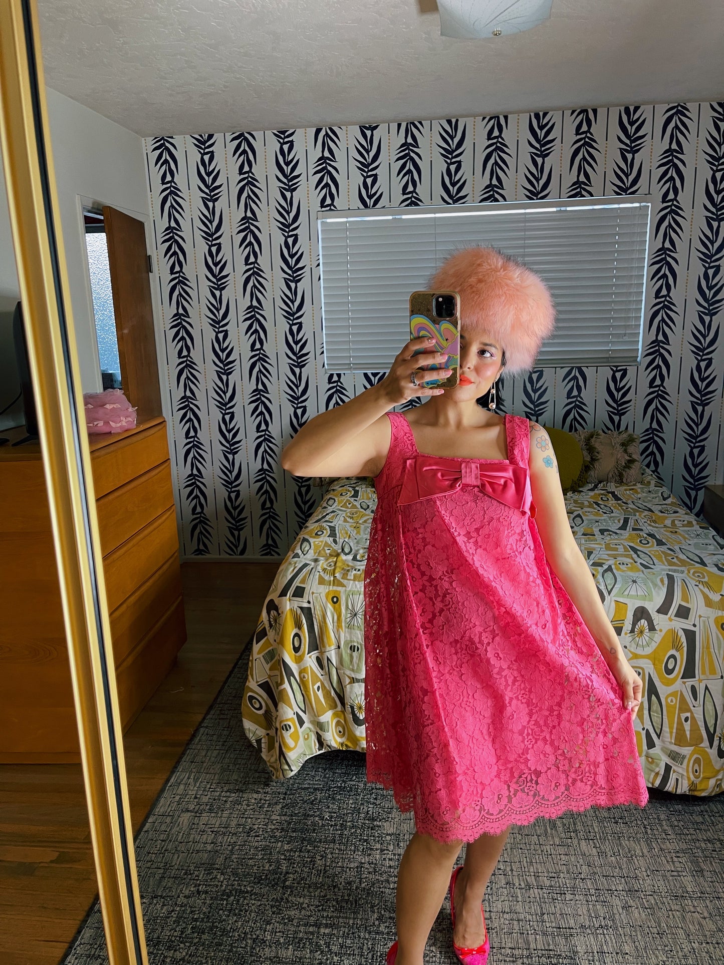 Vintage 60s Pink Lace Overlay Bow Dress Fits Sizes XS-SM