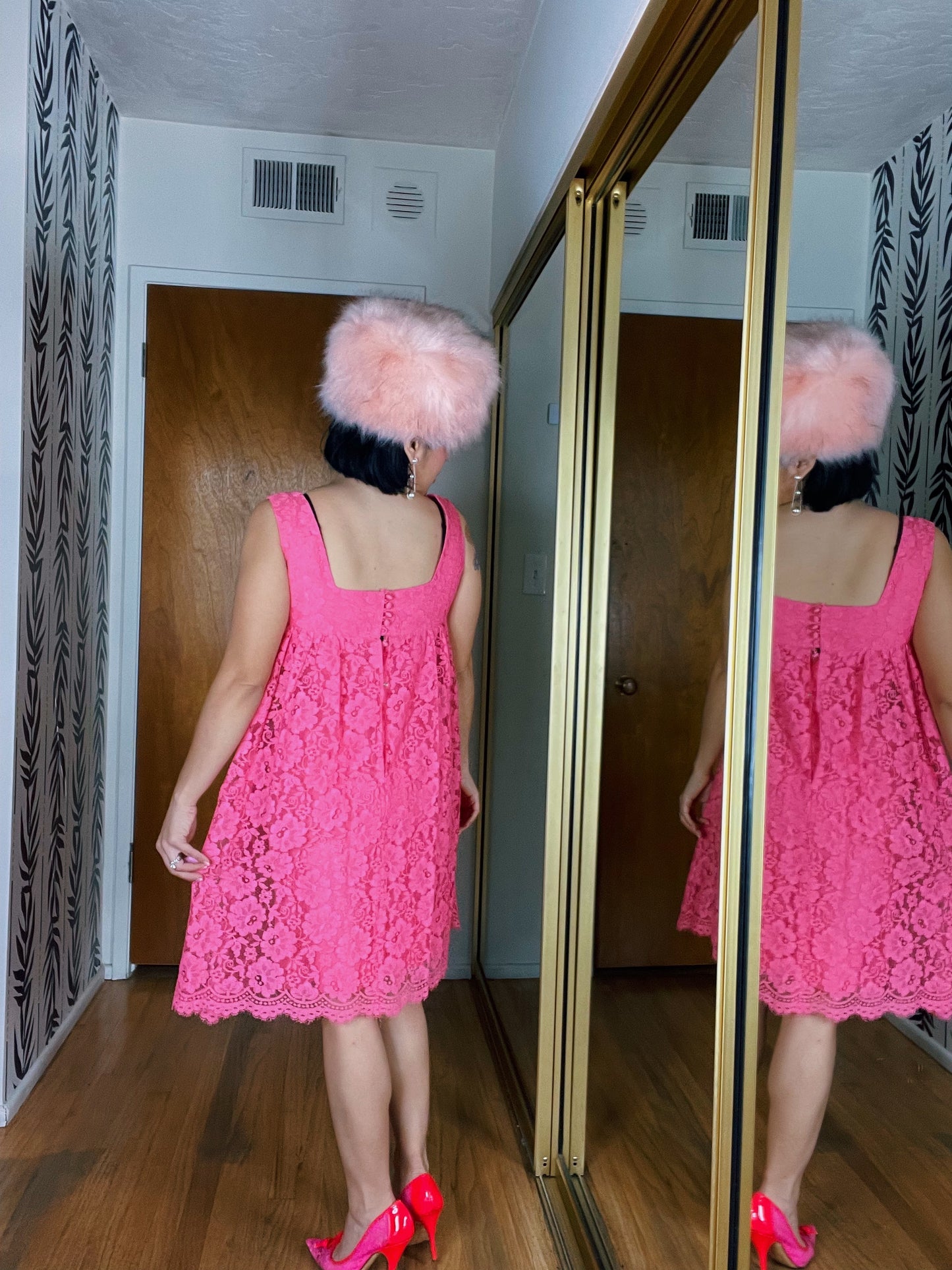 Vintage 60s Pink Lace Overlay Bow Dress Fits Sizes XS-SM