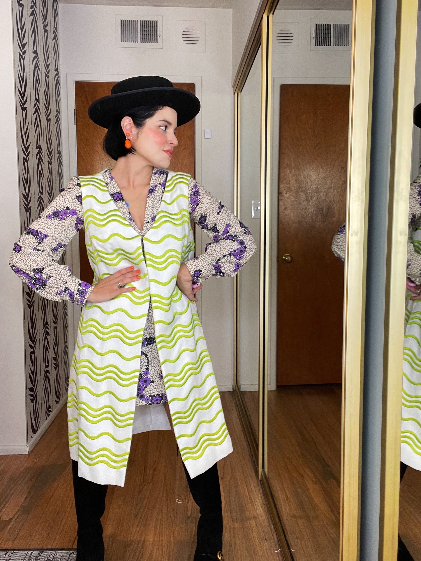 Vintage 60s Swirl Linen Lime Green White Long Vest Fits XS-M