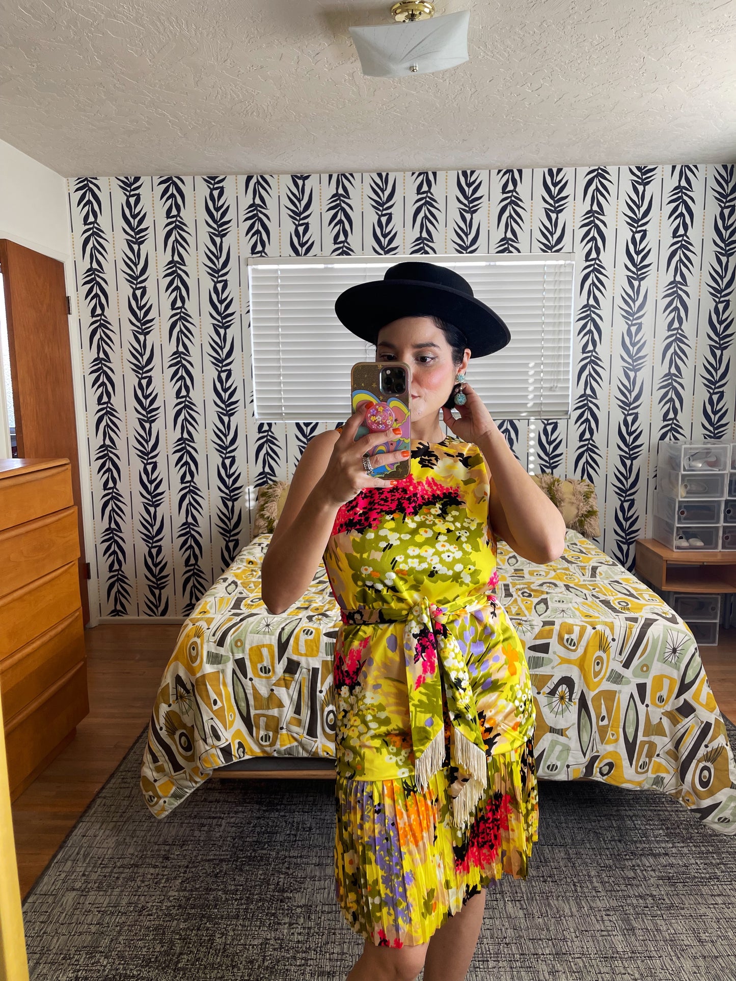 Vintage 60s Bright Floral Pleated Skirt Dress Fits Sizes XS-SM