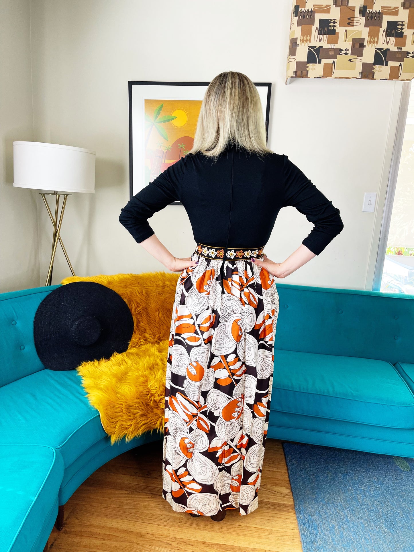 Vintage 60s / 70s Hostess Embroidered Trim Jumpsuit Fits XS-SM