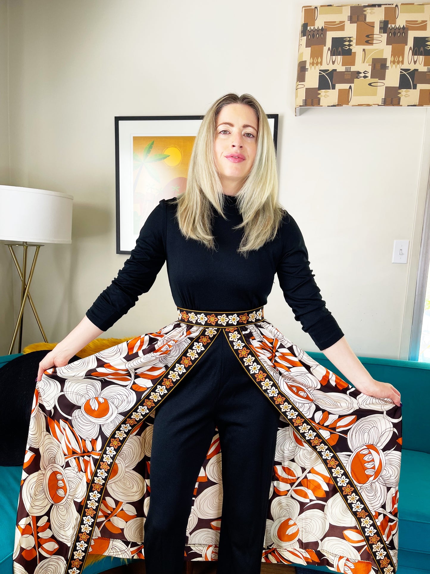 Vintage 60s / 70s Hostess Embroidered Trim Jumpsuit Fits XS-SM