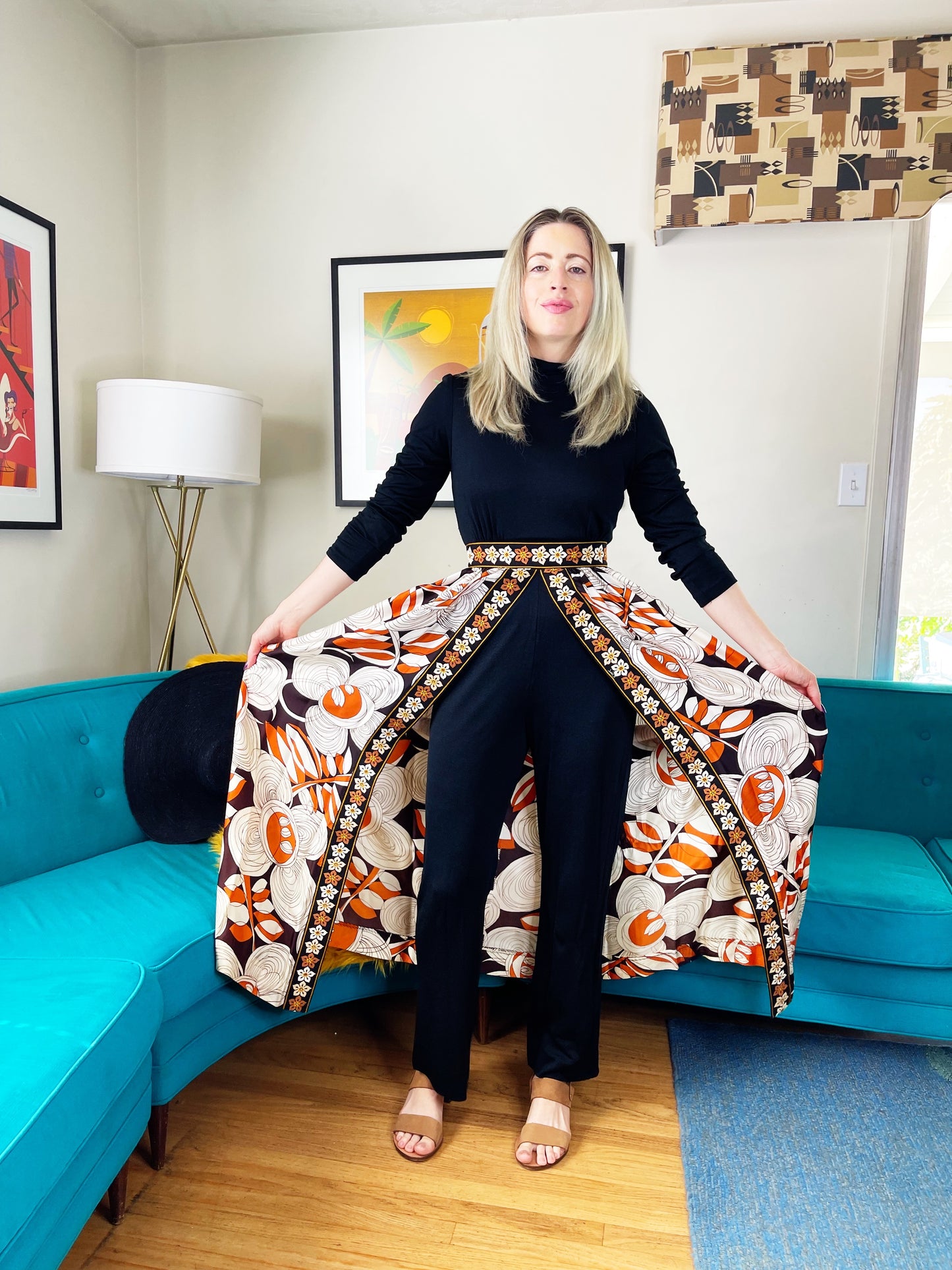 Vintage 60s / 70s Hostess Embroidered Trim Jumpsuit Fits XS-SM