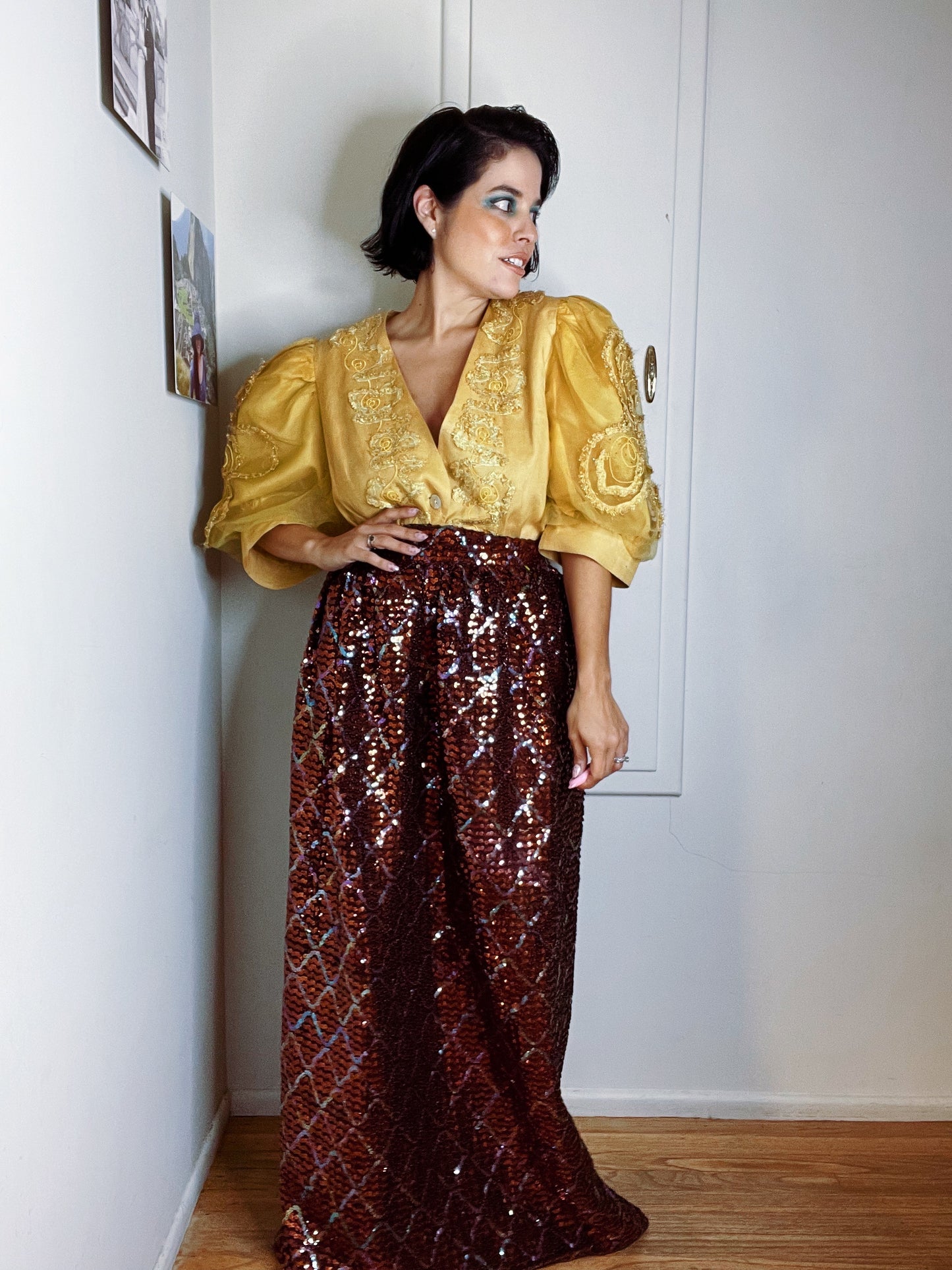 Vintage 80s Yellow Ballon Sleeves Linen Blouse Fits Sizes M-L