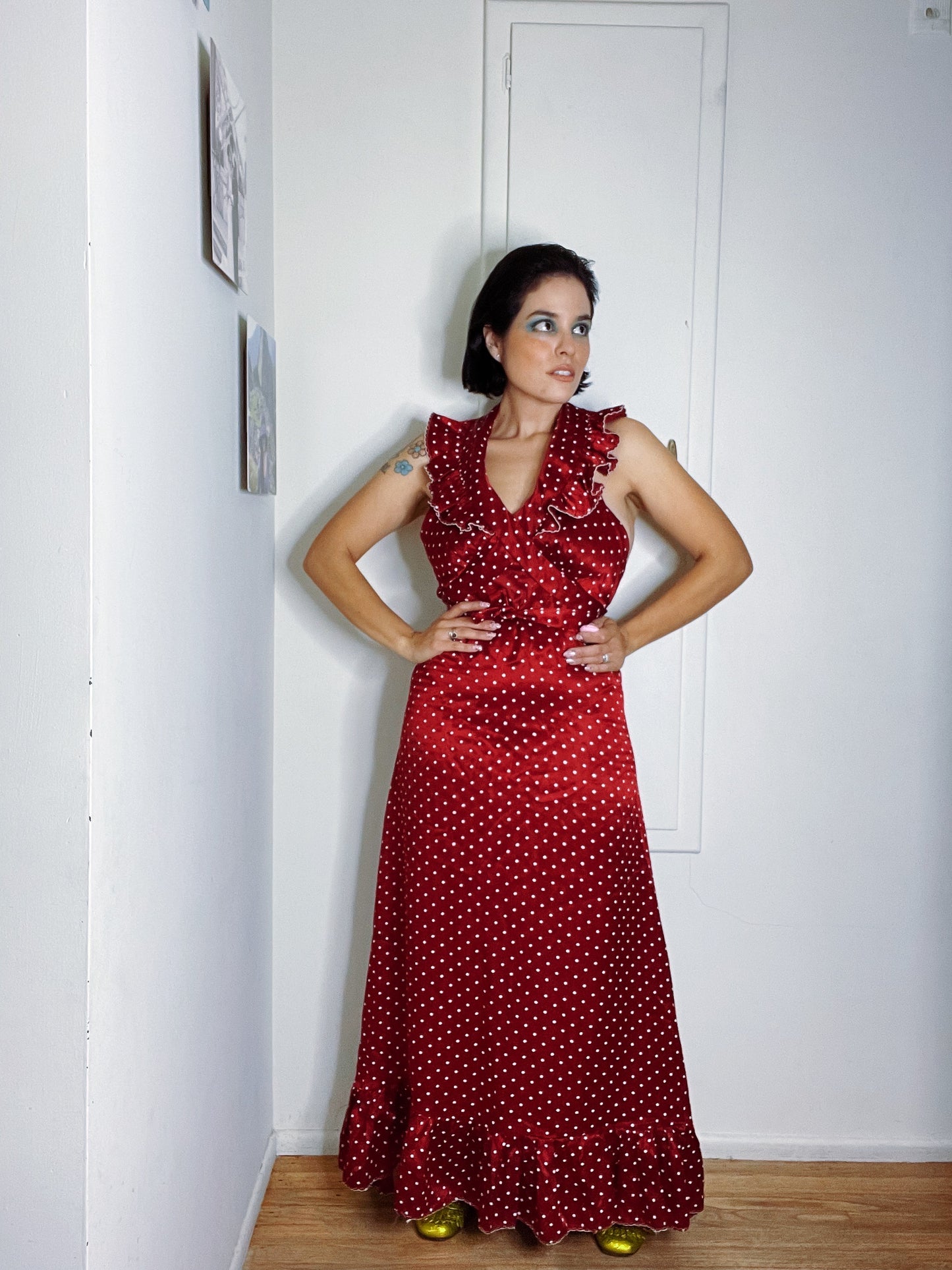 Vintage 70s Red Wine Polka Dot Silk Blend Maxi Dress Fits Sizes XS-SM
