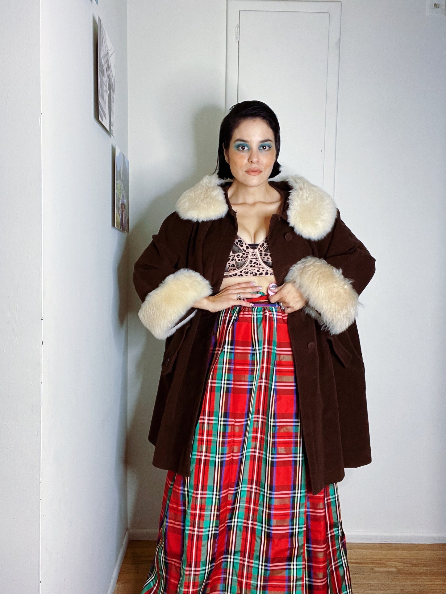 Vintage 70s Plaid High Waisted High Slit Maxi Skirt Fits XS-SM