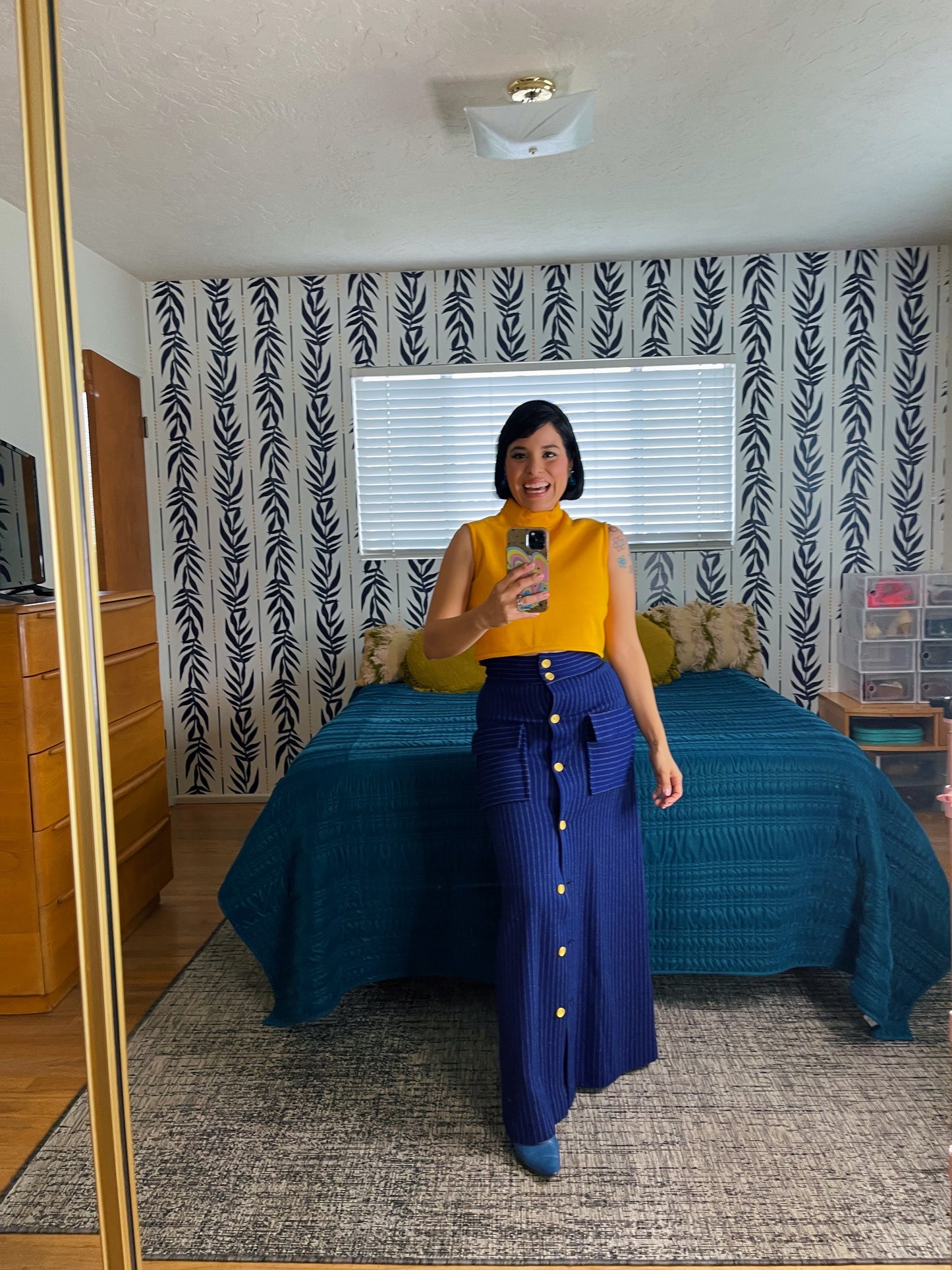 Vintage 70s Mustard Cropped Blouse Matching High Waisted Button Down Pinstriped Maxi Fits Sizes XS-SM