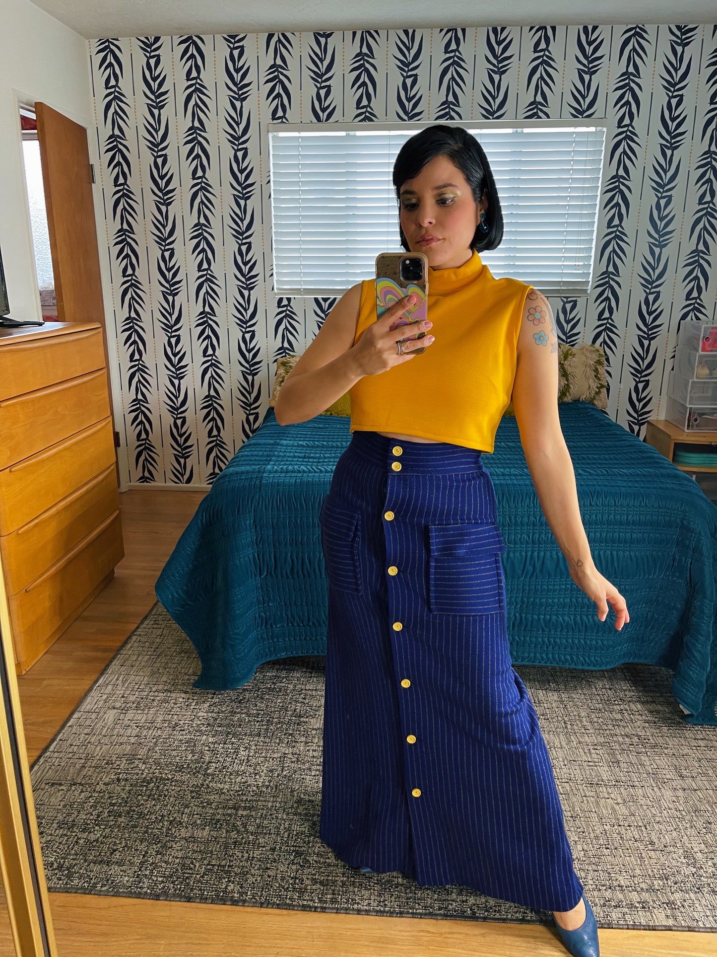 Vintage 70s Mustard Cropped Blouse Matching High Waisted Button Down Pinstriped Maxi Fits Sizes XS-SM