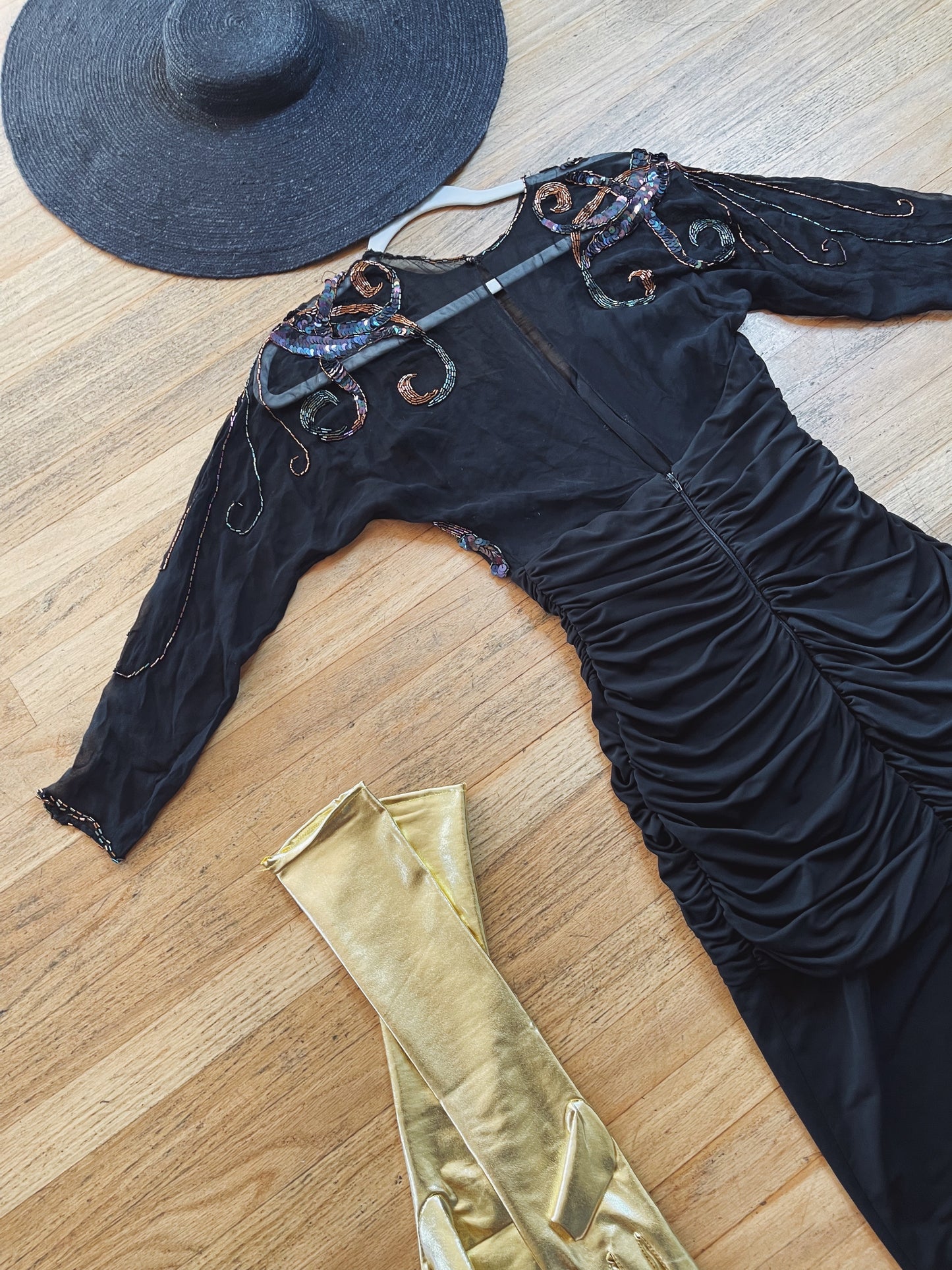 Vintage 80s Snake Beaded Bodice Wiggle Dress Fits Sizes XXS-XS
